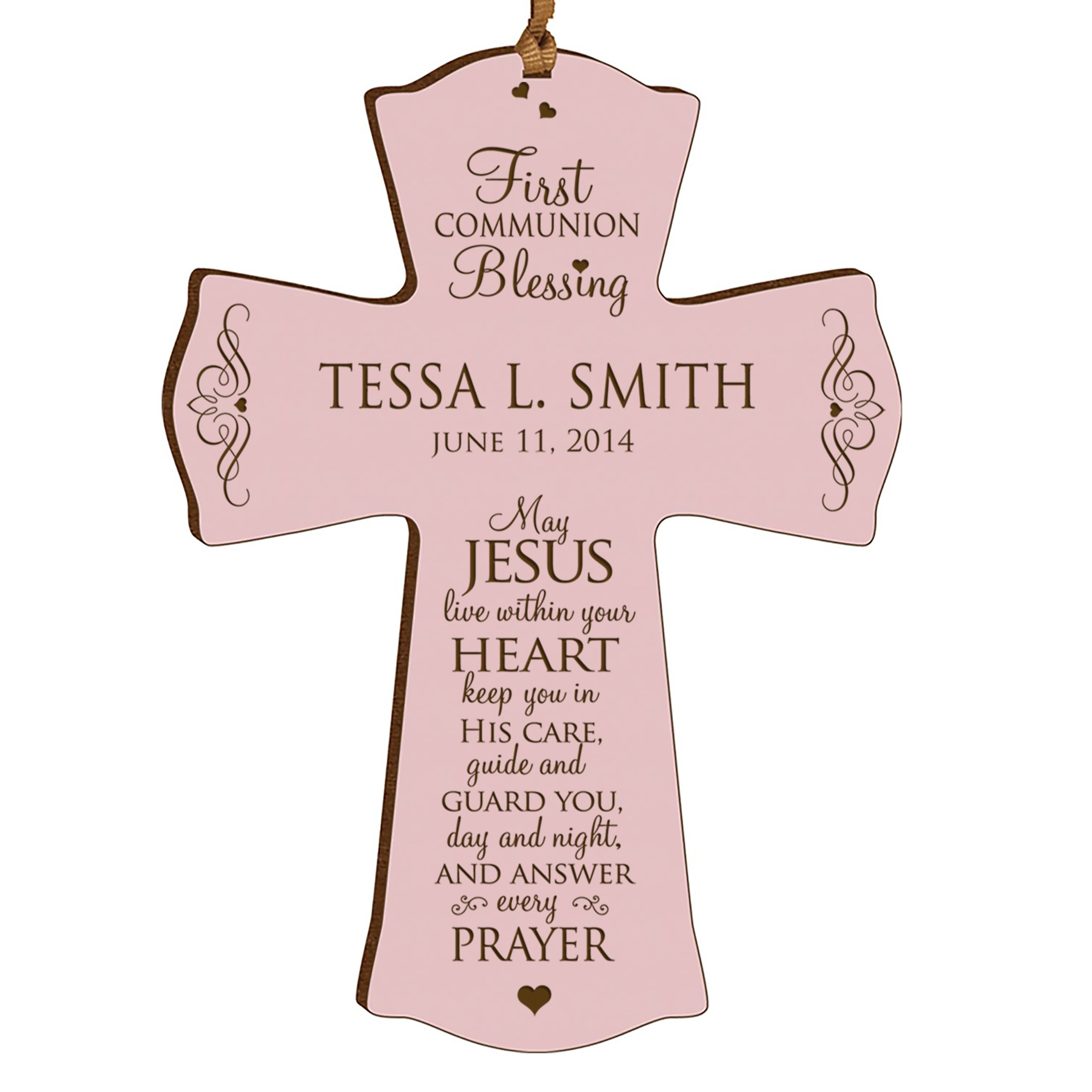 LifeSong Milestones Personalized Baptism 1st Holy Communion Blessing Christening Gifts Custom Wall Cross Decoration May Jesus Live Within Your Heart (4.5"x6", Pink)