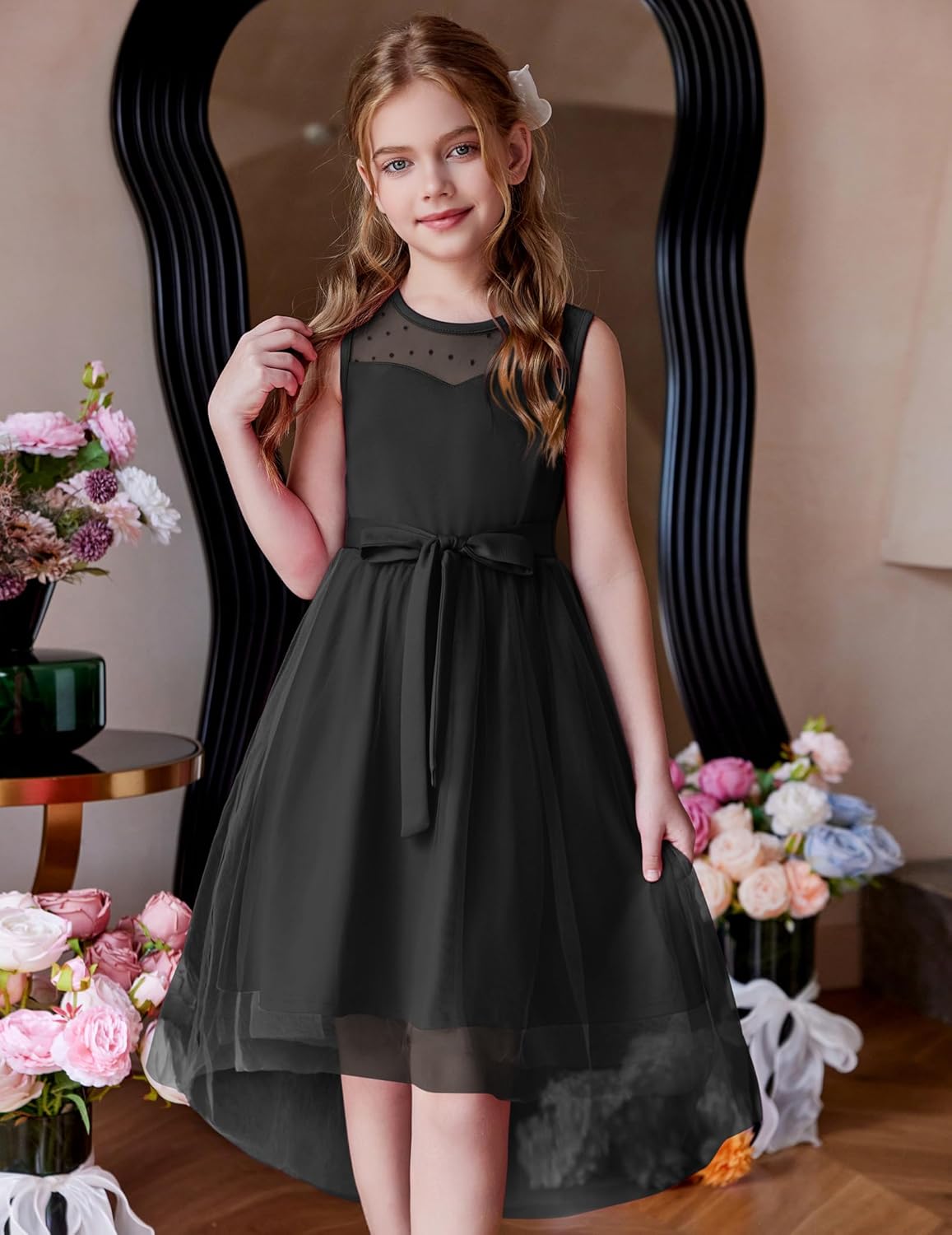 Arshiner Girls Dresses Formal Party Wedding Tulle Sleeveless Contrast Mesh High Low Dress with Belt - Image 2