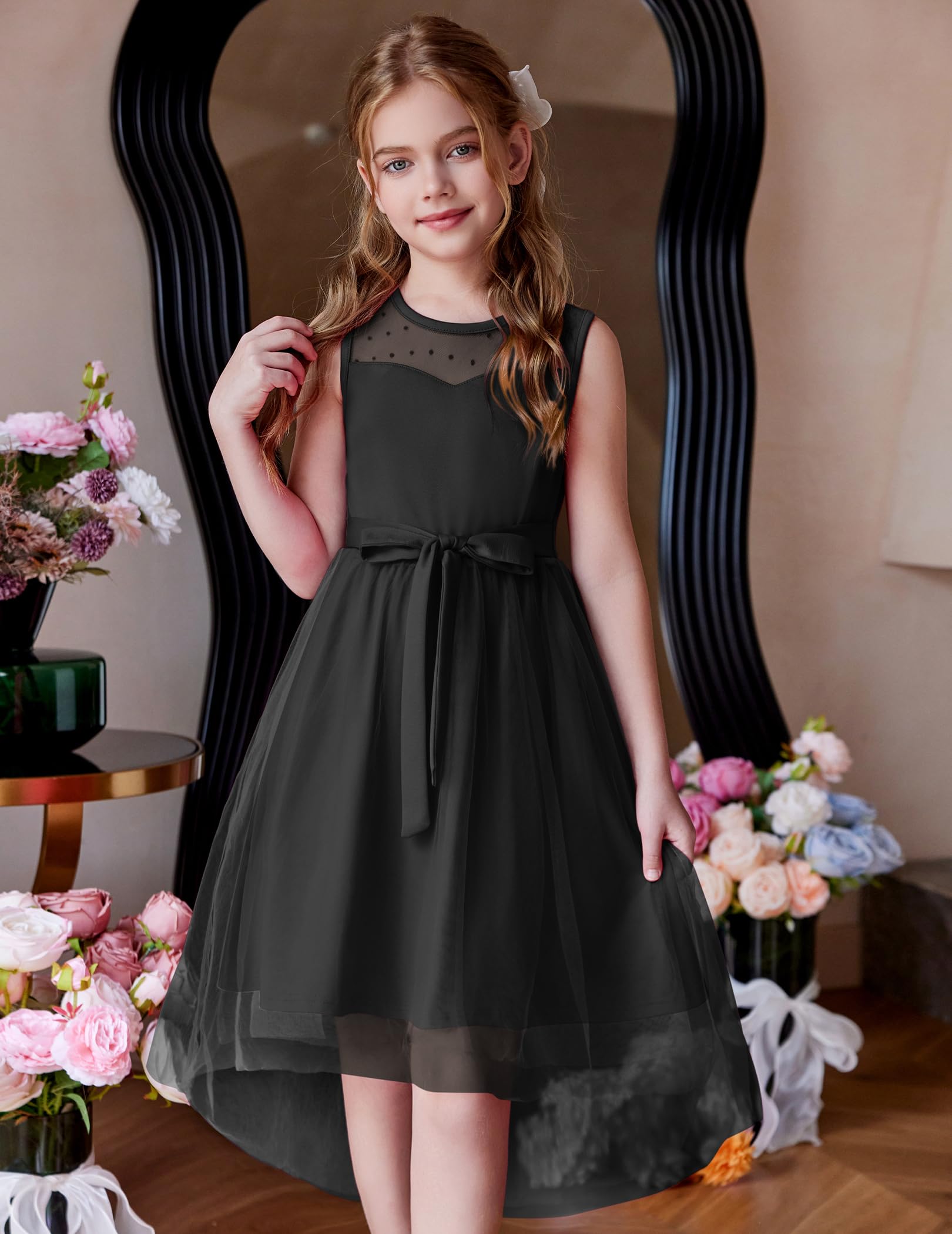 Arshiner Vestidos de niña sin mangas para fiesta de verano festiva, boda, comunión, dama de honor, vestido de tul con dobladillo asimétrico y cinturón, 6-15 años