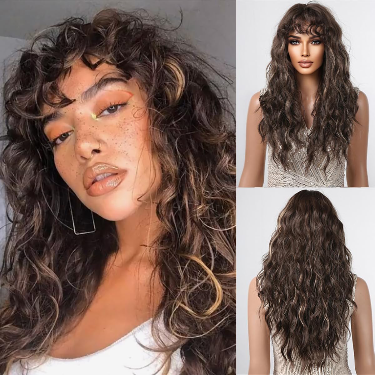 Nuxovin Long Brown Wigs Human Hair for Women, Body Wave Wig with Bangs, Glueless Breathable Capless Lightweight Tangle Free Natural Look for Daily Use