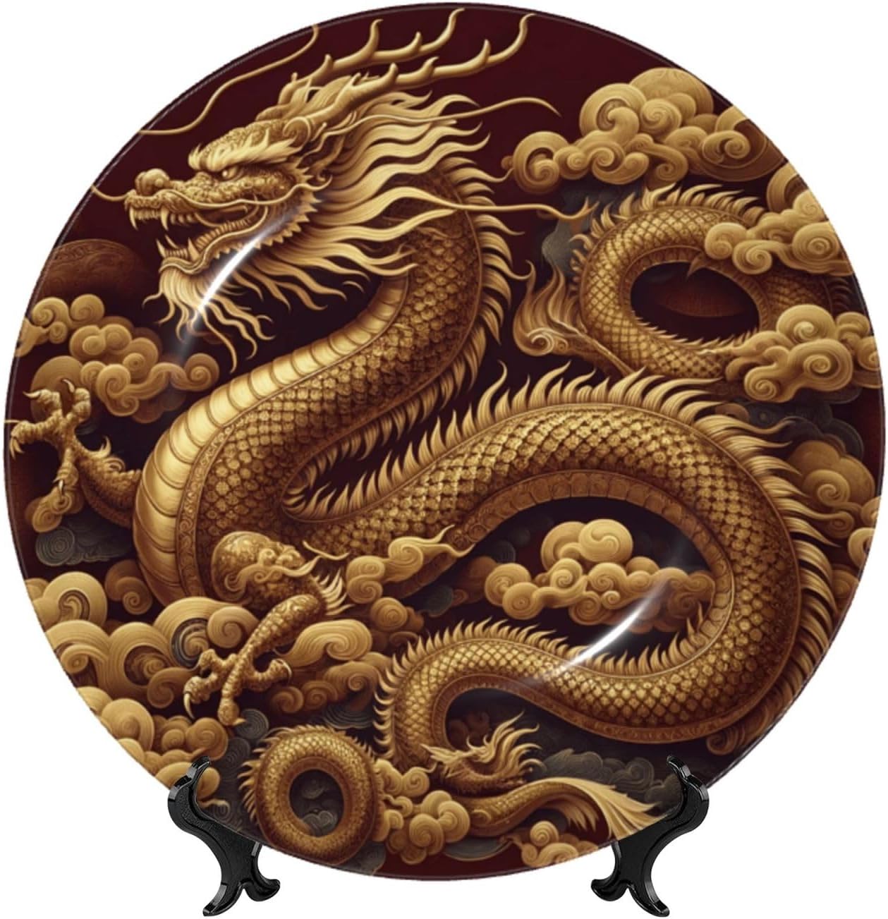 East-Asian-Dragon 10 Inch Decorative Plate With Stand, Elegant Display Wall Plate For Home Decor