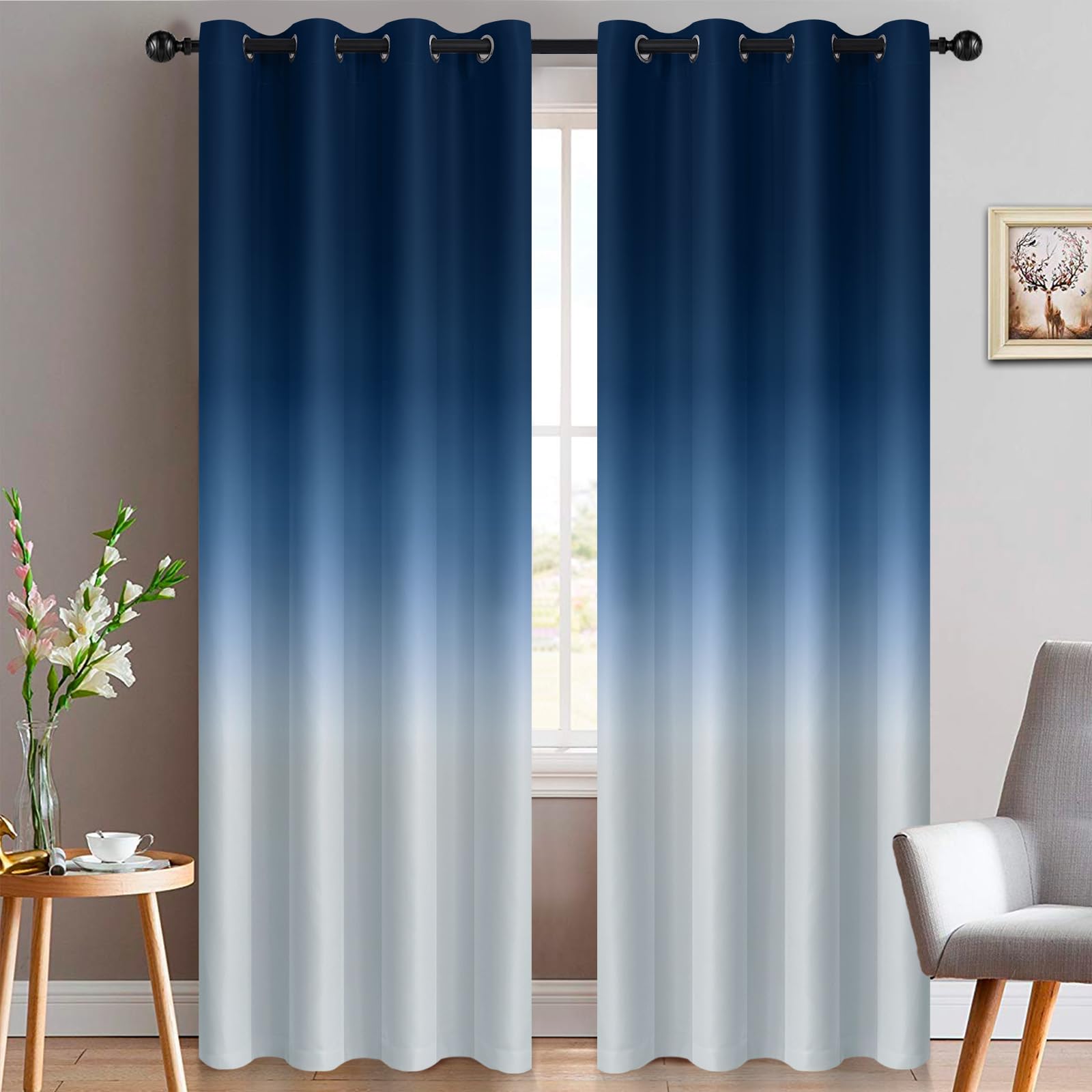 Yakamok Ombre Curtains Light Blocking Blackout Grommet Window Drapes, Room Darkening Gradient Curtains for Bedroom (Blue and Greyish White, 52x96 Inch, 2 Panel) โ image 1