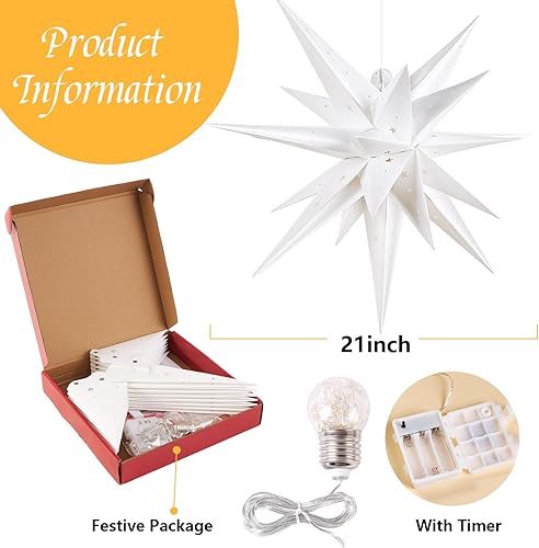 Vista 2 de 21 Inches White Large Moravian Stars Lights Warm White Hanging Outdoor Christmas Light LED Hanging Star Lights 3D Christmas Tree Topper Star for