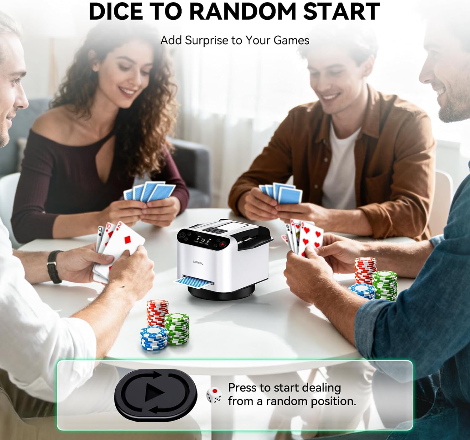 KPAW Automatic Card Shuffler and Dealer - 1-2 Decks Support 12 Players, 4 Drawing Remotes, Auto Post-Shuffle Deal, Consecutive/Random Dealing, for Poker, Blackjack, UNO, Phase 10, Five Crowns (White)