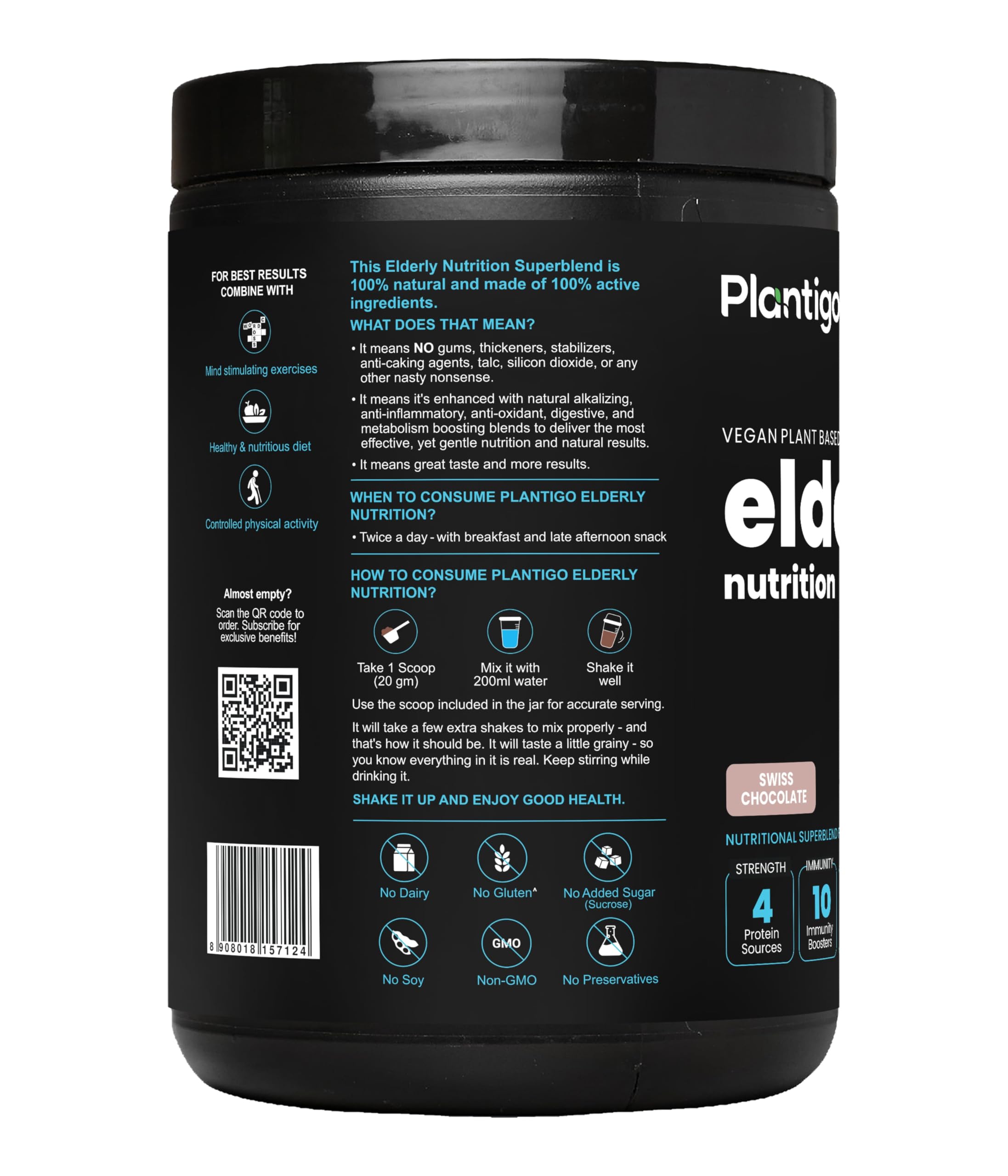 Plantigo Superior 51+ Plant Protein Powder for Seniors | Elders, Old Men & Women | No Sugar, Low Calories | Pea Protein, Oats | Heart & Muscle Health (Swiss Chocolate - 500g) + Shaker Bottle 600ml 1