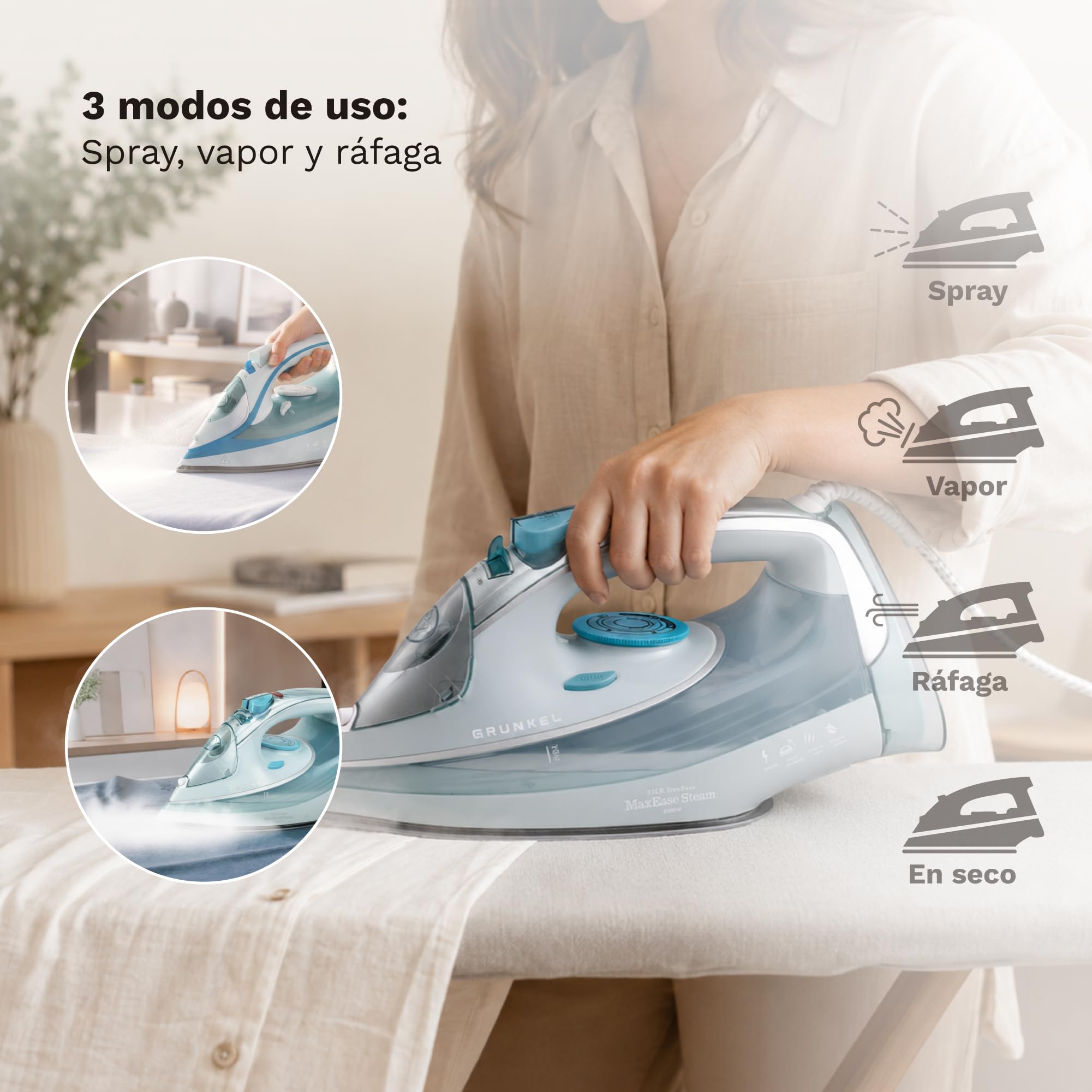 Grunkel - Plancha de Vapor - Control de Caudal de Vapor, Función Antical y Antigoteo. Golpe de Vapor de 1g y 30g/min de Vapor Continuo. Capacidad de Depósito de 300-370ml (Potencia: MAXTOP 3200W)