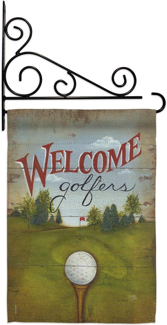 Welcome Golfers Garden Flag Set Wall Holder Sports Golf 18 Hole Ball Championship Club Entertainment Activity Physical Small Decorative Gift Yard House Banner Double-Sided Made In USA 13 X 18.5