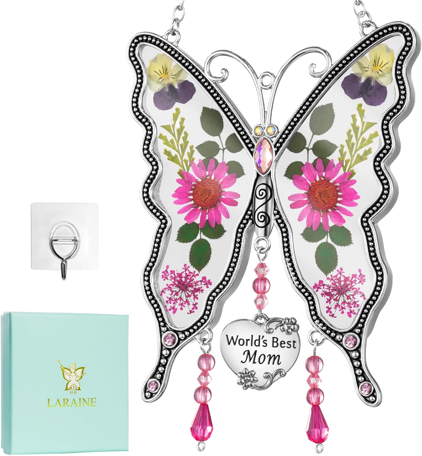 LARAINE Butterfly Suncatcher with Pressed Colourful Flower Wings Mother's Day Butterfly Glass Wind Chime Ornament Charm with Metal Heart Gifts for Grandma Aunt Birthday (Pink, Mom)