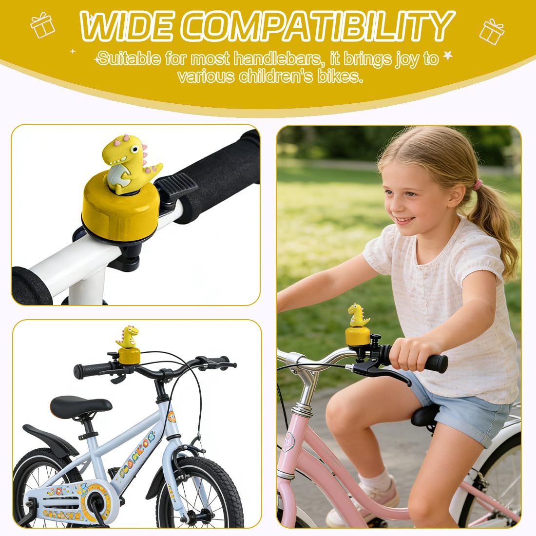 Dzwonek rowerowy dla dzieci, żółty dinozaur – głośny dźwięk, dzwonek rowerowy, patineta i trójkołowy, prezent urodzinowy dla chłopców, dziewcząt i dorosłych