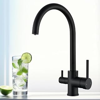 Grifo de filtro de agua de tres vías 3 en 1 mezclador de cocina con salida de agua filtrada de latón de doble palanca, grifo giratorio para fregadero de cocina, color negro