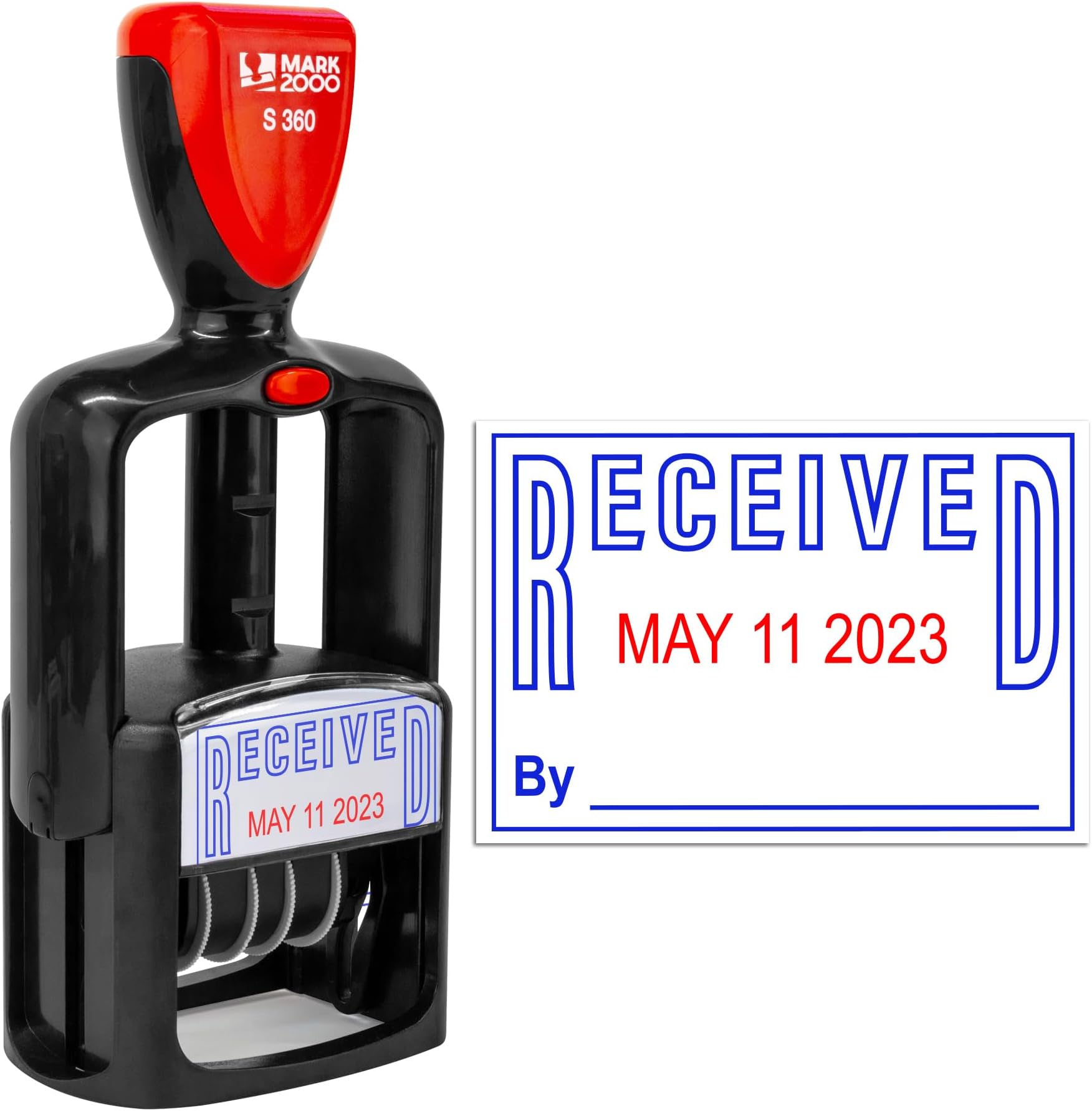 Self-Inking Rubber Date Office Stamp with Received Phrase - Blue Ink & Date Red Ink - 12-Year Band