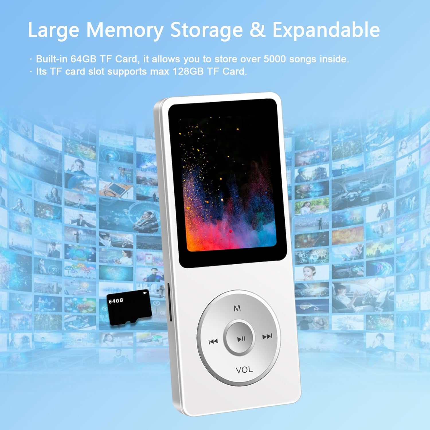 64GB MP3 Player with Bluetooth, Portable HiFi Lossless MP3 Music Players with Speaker and Earphones, Multifunctional Media Player with FM Radio, Up to 128GB Extension, Support Shuffle Playback - Image 4