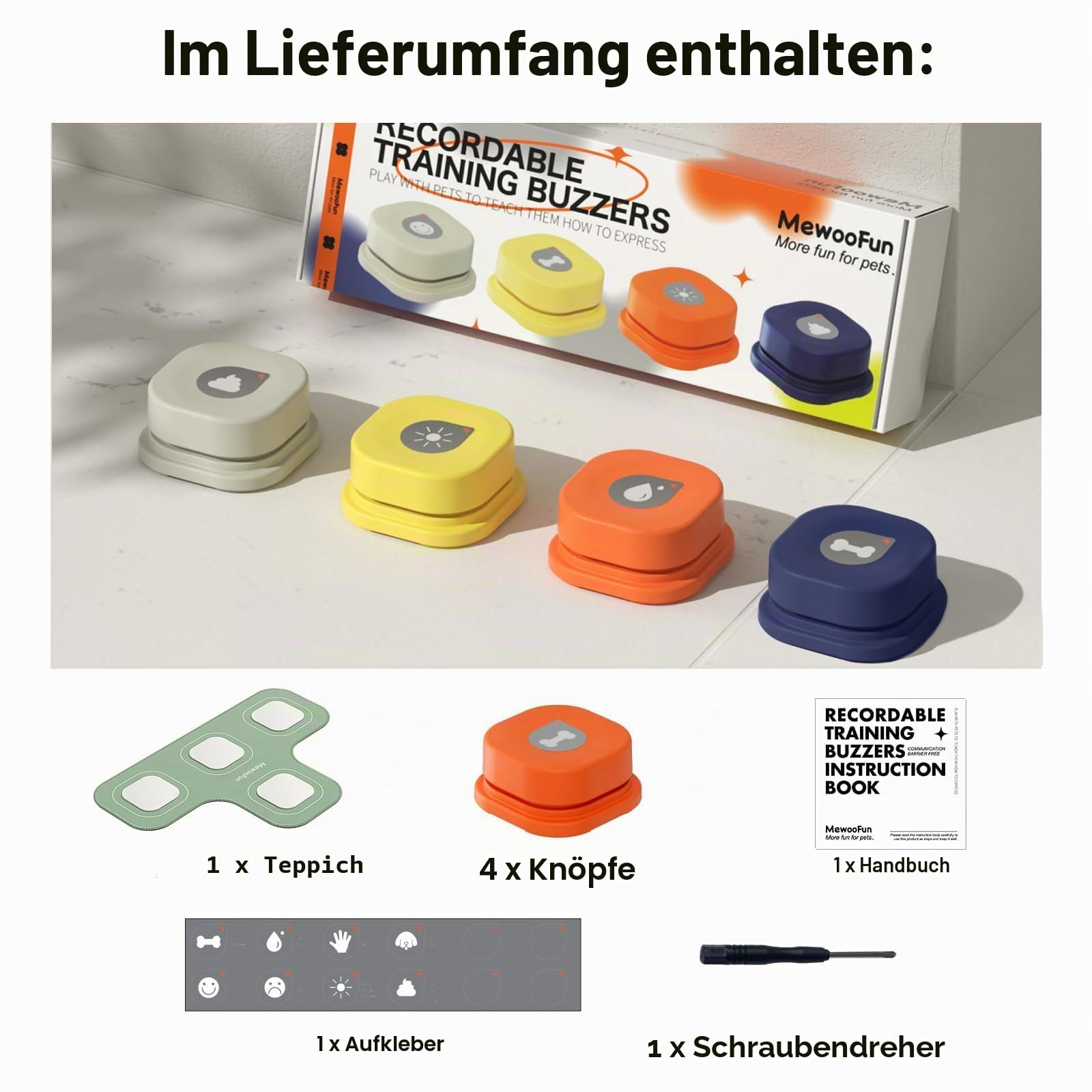 MEWOOFUN Hundeknöpfe Trainingsklicker mit Sprachaufzeichnung für das Hundetraining mit Matte und DIY-Aufklebern – Haustier-Befehlssummer für Hunde und Katzen (4 Pack)