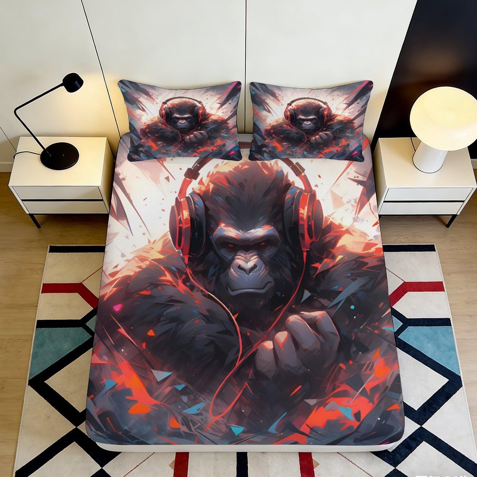 3D Printed Gorilla Headphones Fitted Sheet Microfiber Vibrant Abstract Mattress Cover for Bedroom Dorm Decor 120x200cm 160x200x25cm