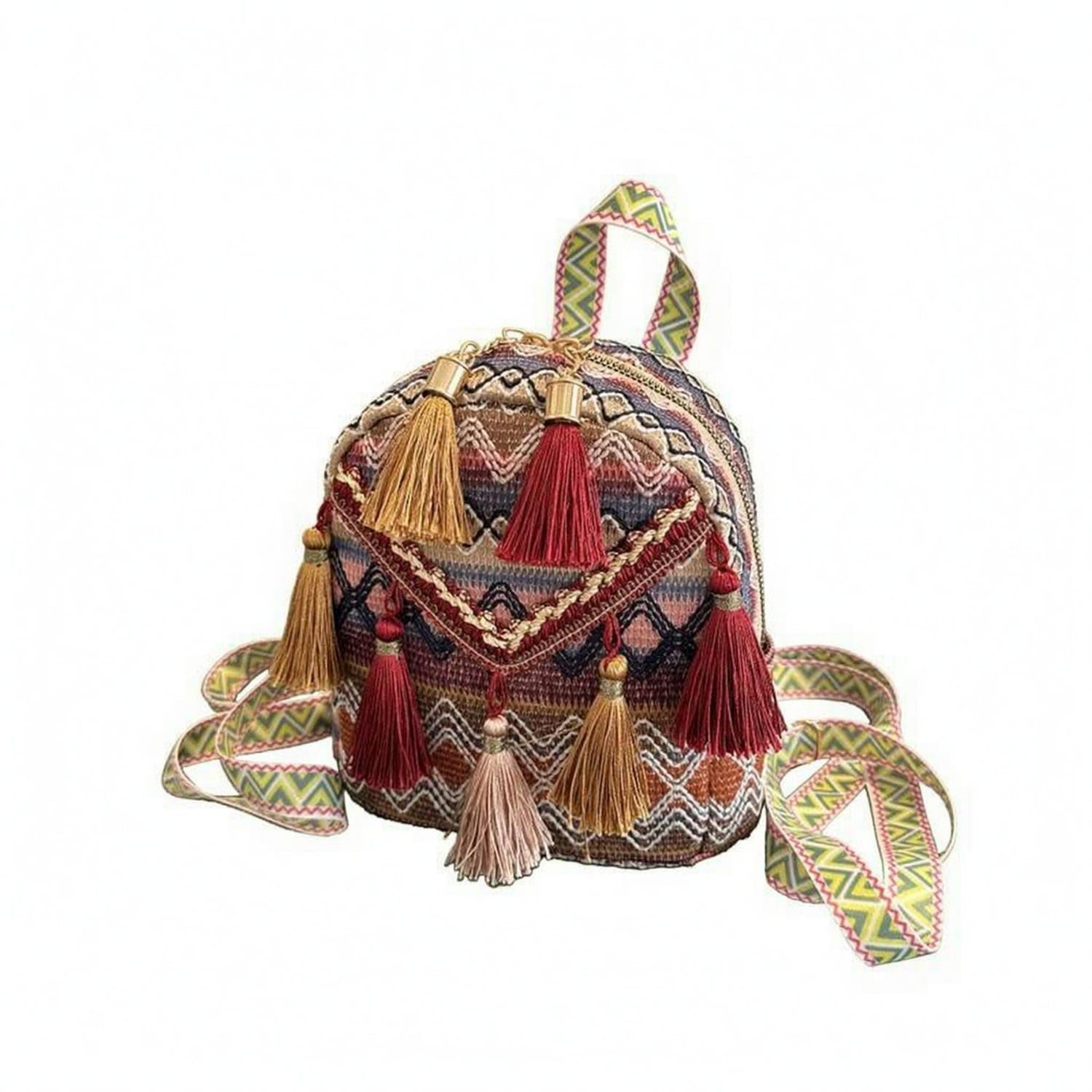 Decorative Tassels Ethnic-Style Backpack Zigzag Trim Boho Backpack Structured Shape, Red-image-27