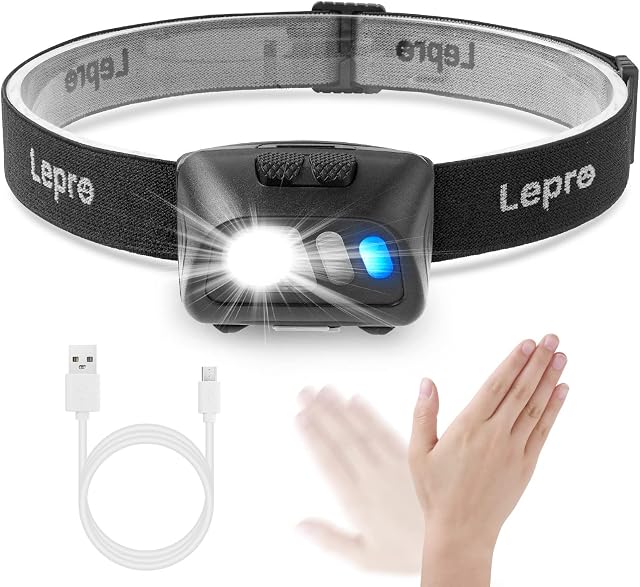 Lepro Head Torch Rechargeable, 800L LED Headlamp with Motion Sensor, Long Lasting Life, 5 Lighting Modes, Red Warning Lights, Waterproof Lightweight Headlight for Fishing Running Camping Cycling