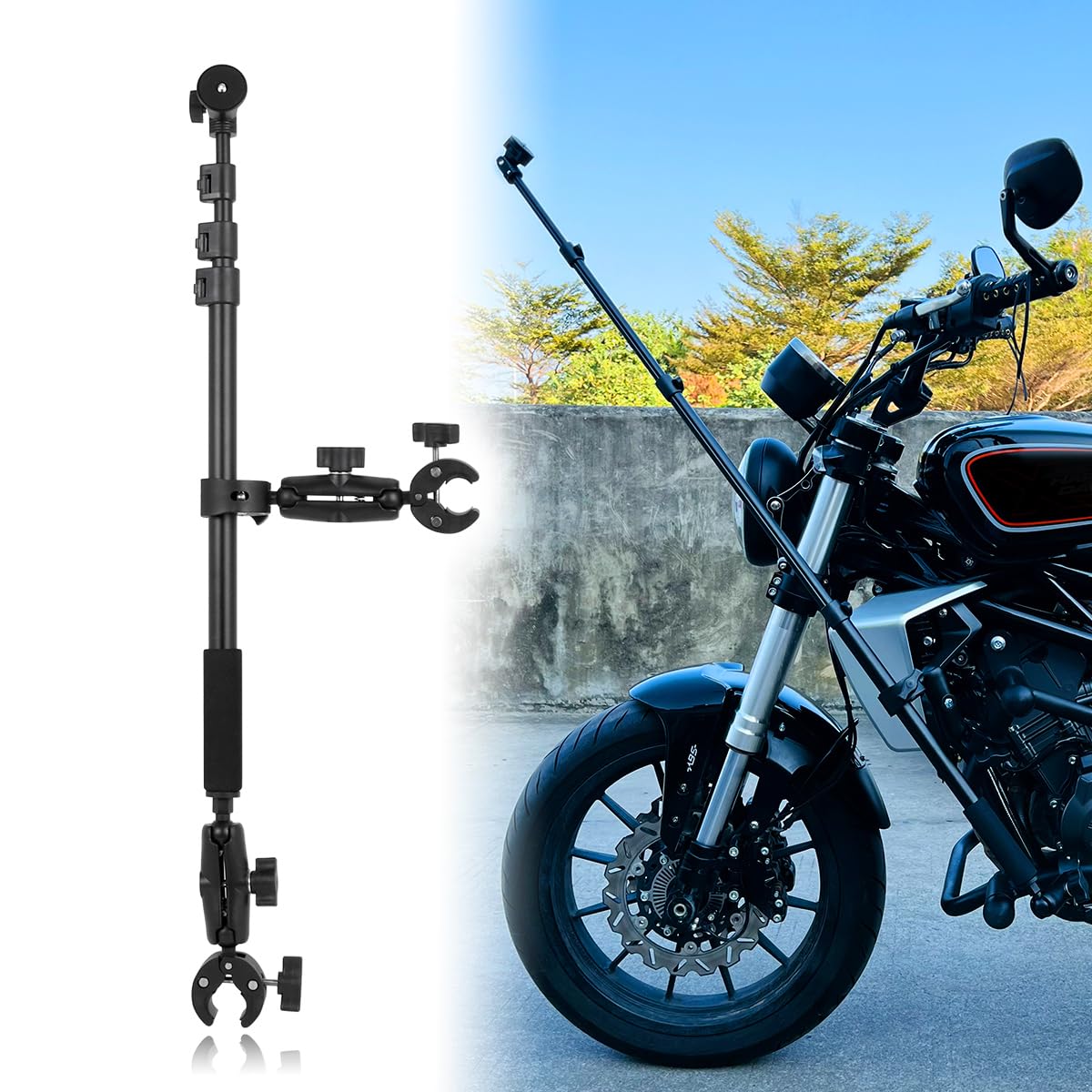 YOUNZJ Motorcycle Bike Handlebar Double clamp Mount Invisible Selfie Stick Super Camera Clamp 360°Rotating Extendable Ballhead Magic Arm 60'' for Insta360 ONE X3 X2 X RS R Go 2 3 Action Camera, Black