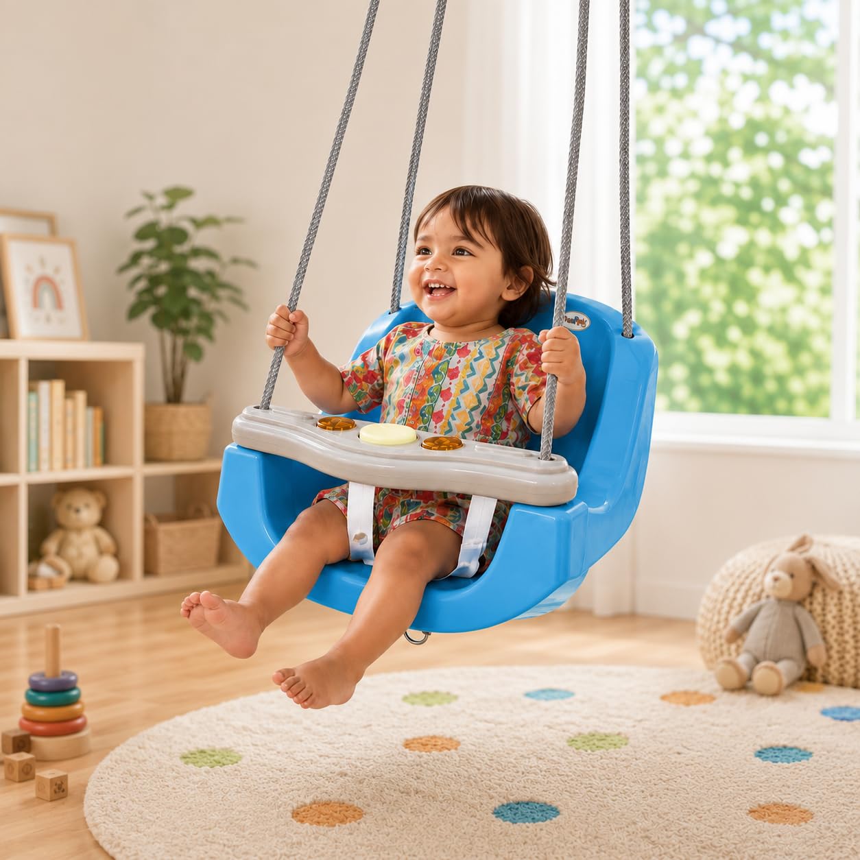 eHomeKart Baby Swing for Kids | 31x35x39 cm Ergonomic High Back Wide Front Bar | 25kg Capacity Non-Musical Swing | Safe & Sturdy Indoor Outdoor Toddler Swing | Easy Installation | Boys & Girls (Blue)-image-21