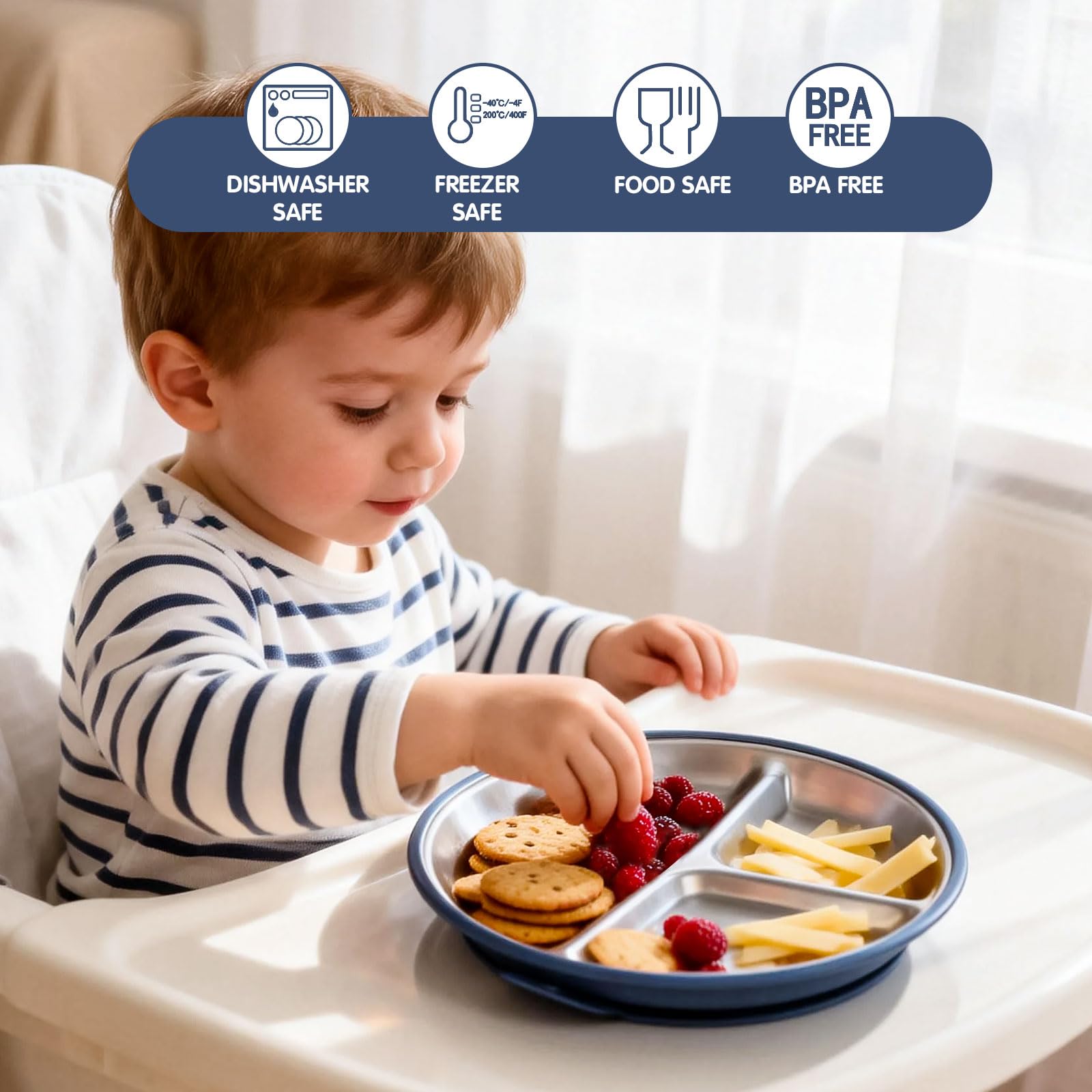 Greentainer Edelstahl Baby Teller mit Saugnapf, 3 Stück Silikon Kinderteller mit 3 Saugnäpfen, Edelstahl Teller Baby, BPA-frei, Rutschfeste, Abnehmbare Silikonhülle, Babyteller, Kinderteller, Blau Baby