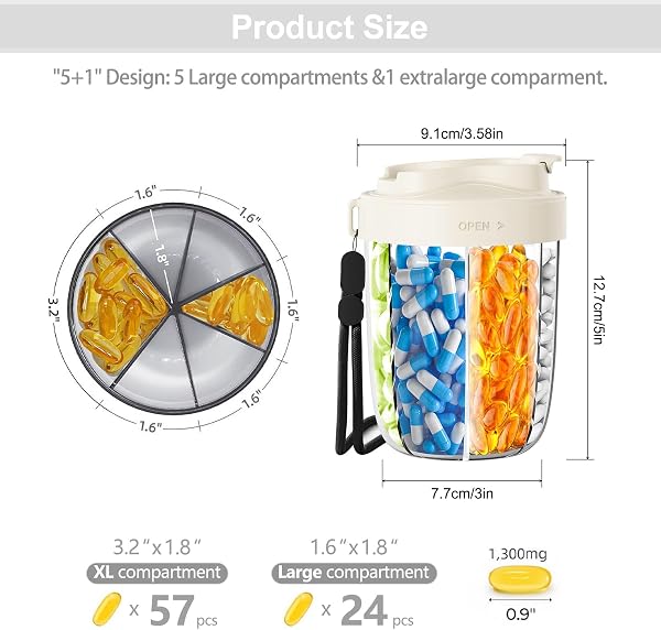 Pastillero 6 Compartimentos pill Box Caja Para Medicamentos Grandes Separados (5+1 Compartimentos XL) Para Llevar Medicamentos Vitaminas Aceite De Pescado Etc (Blanco) - 2