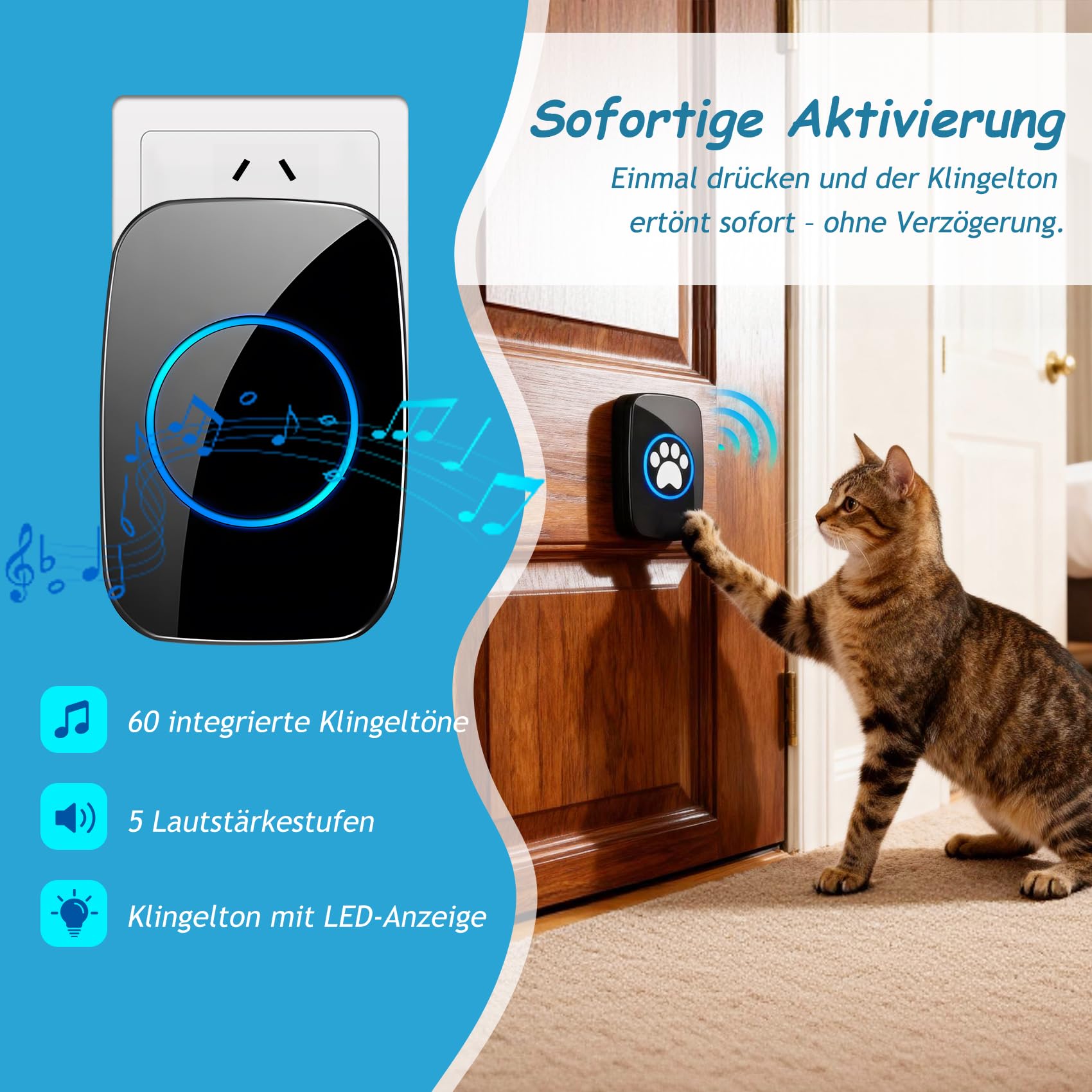 A10 Katzenklingel & Hundeklingel – Kabellose Türklingel, 300 m, LED, 60 Melodien, Wasserdicht, Buzzer Hund, Katzenglocke, Katzen Klingel Tür Außenbereich (1 Klingeltaster + 1 Empfänger)