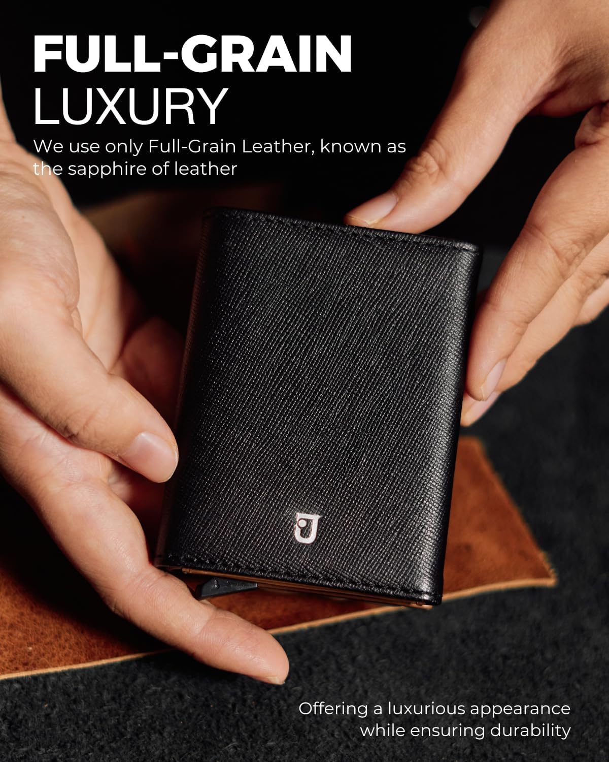 Jenoss Smart AirTag Wallet for Men: Full Grain Leather, Handcrafted, Black Pop Up Case, Slim, RFID Blocking Credit Card Holder Compact, 12 Slot Organizers ID Cash Apple Air Tag Tracker (Black & Brown) - Image 2