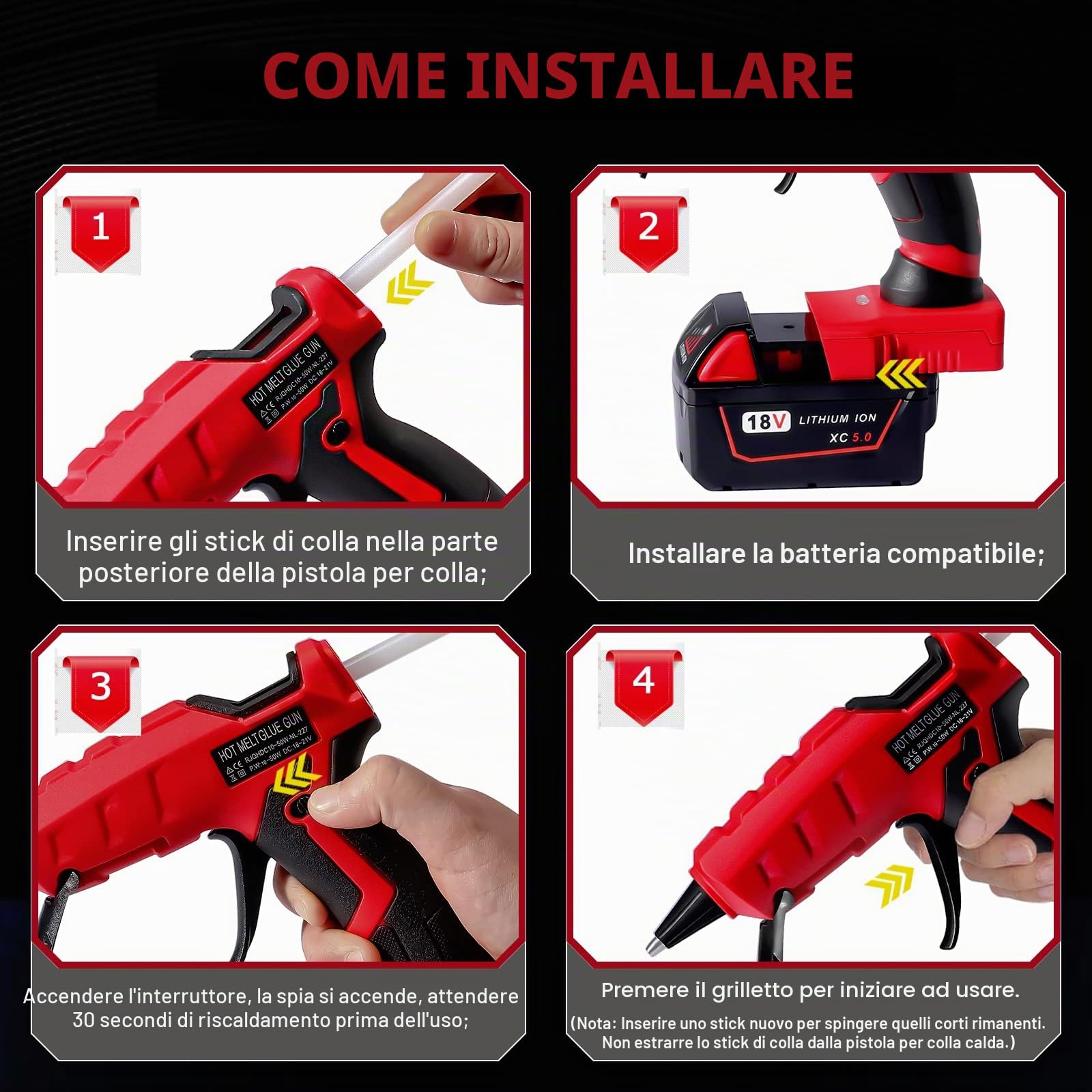 Pistola per colla a caldo a batteria adatta per Milwaukee M18B 18V Li-ion, pistola per colla a preriscaldamento rapido in 30s con 20 pezzi di bastoncini di colla per arte e fai da te e riparazioni