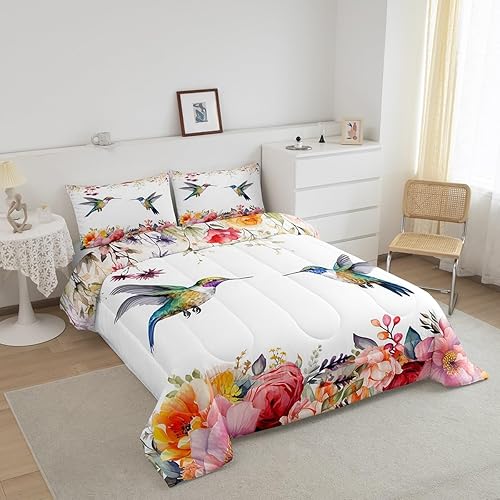 Miniatura 2 de jejeloiu Juego de edredón de colibrí, tamaño Queen, diseño de pájaros tropicales, flores de colibrí, juego de ropa de cama de jardín de granja,