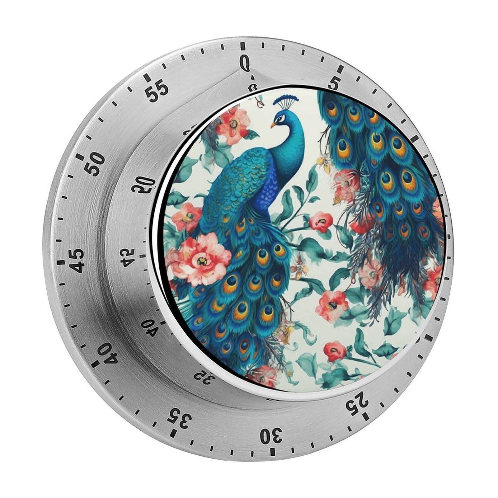 Beautiful Peacock Flowers Timer Exquisite Stainless Steel Body Mechanical Desk Timers 60 Minutes Visual Countdown Timers with Magnetic Backing Loud Alarm Kitchen Timer for Cooking