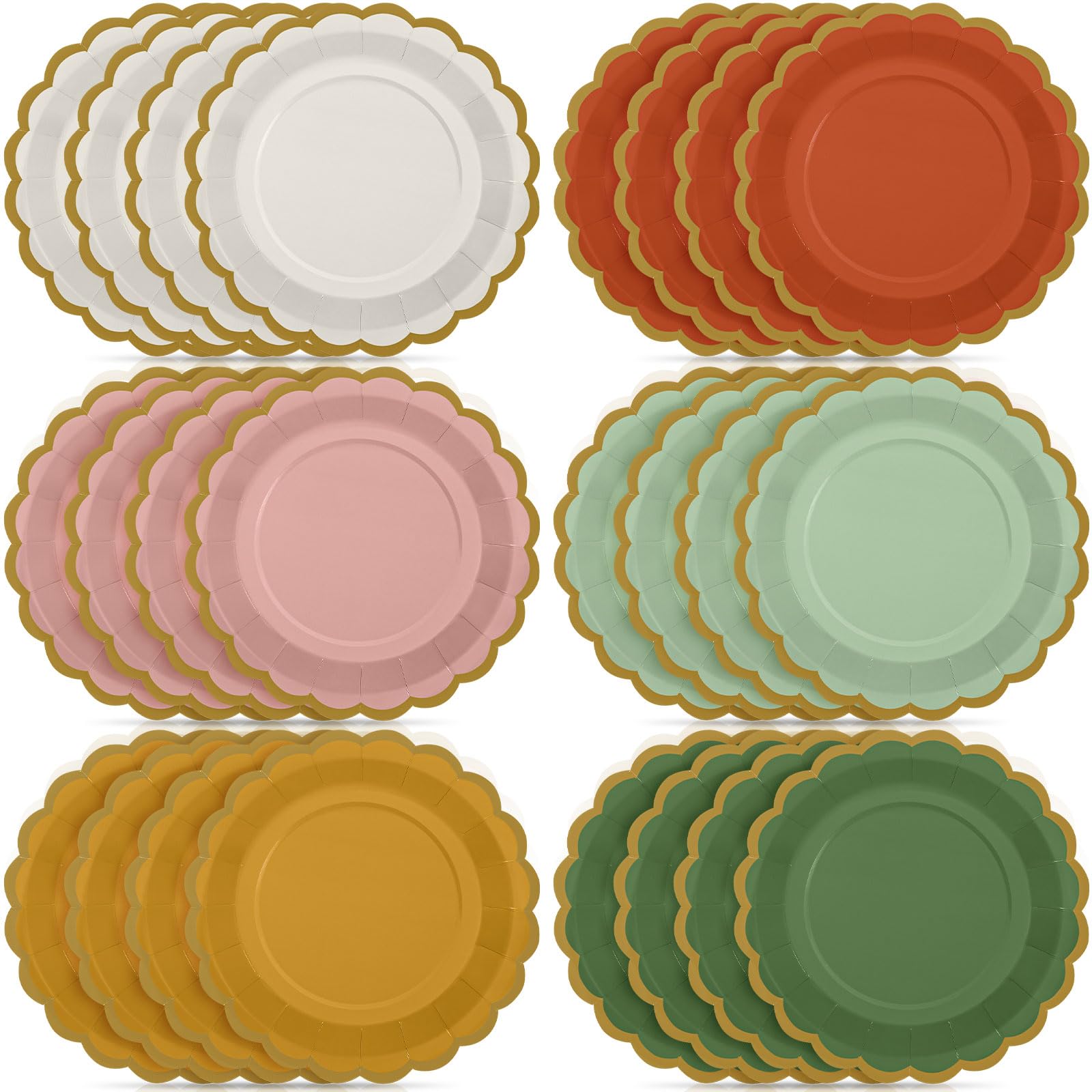 48 Pcs Colorful Paper Plates 9 Inch Boho Scalloped Paper Disposable Dinner Dessert Plates for Birthday Wedding Bridal Party Supplies, 6 Colors