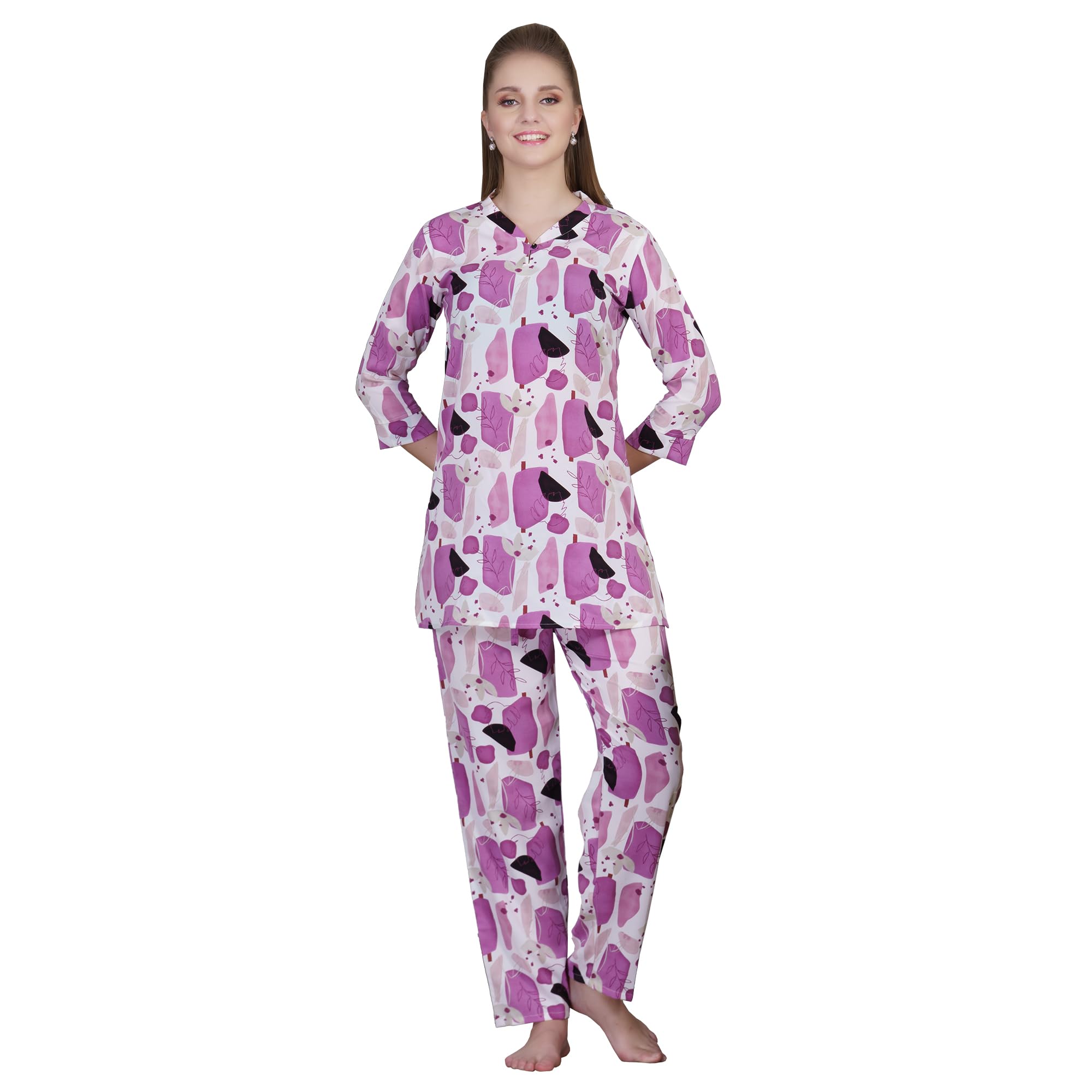 trylo Riza Imported Italian Satin Fabric 3/4th Sleeves V-Neck Relaxed Fit Printed Top and Pyjama Night Suit Set/VNS-1123-picture-12