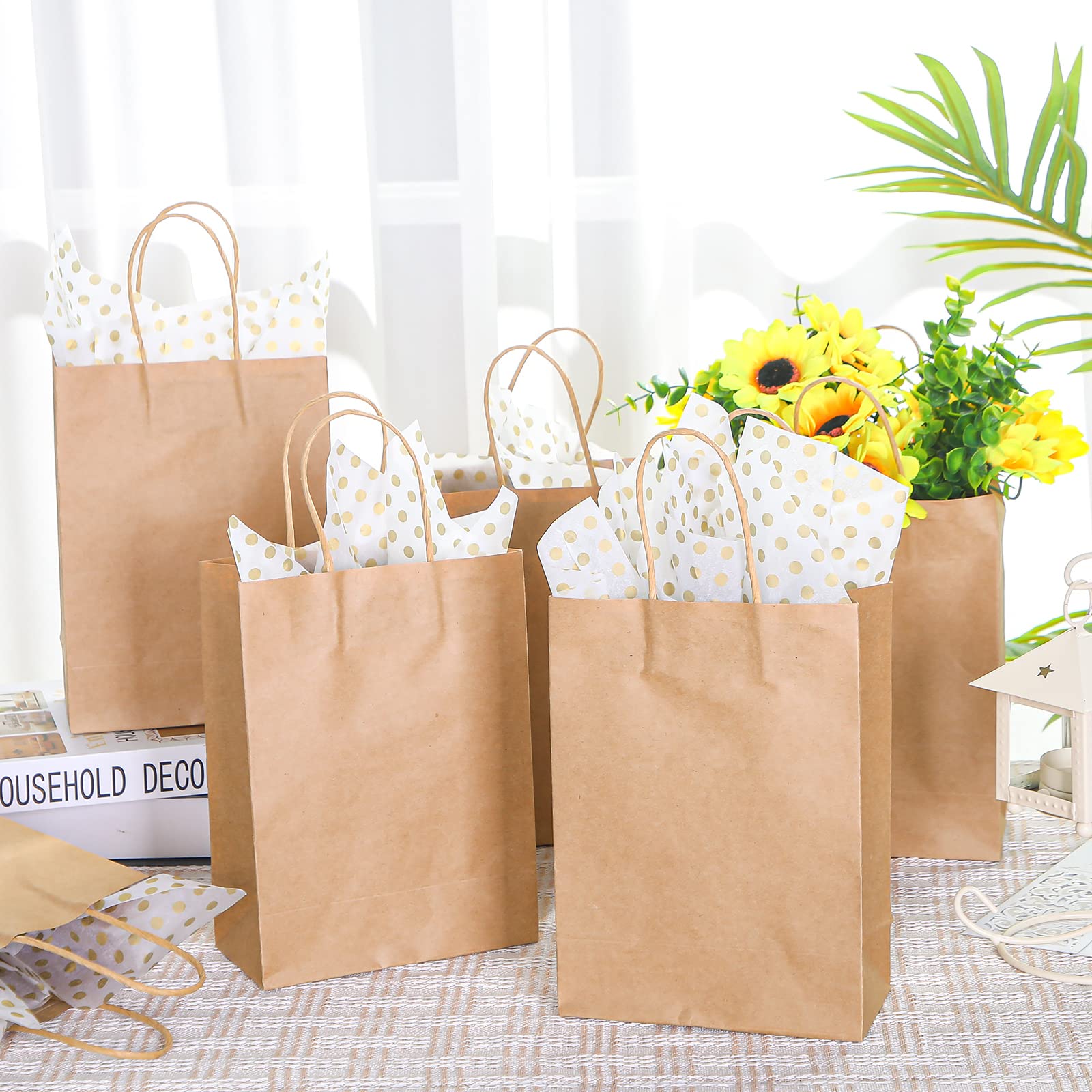 Photo 1 of 50 Pcs Gift Bags with Tissue Paper 8.66 '' x 6.3 '' x 3.15 ''Medium Size Kraft Paper Bag with Handle in Bulk Brown Paper Gift Bags for Father's Day Holiday Birthday Party Wedding Retail Gift Supplies