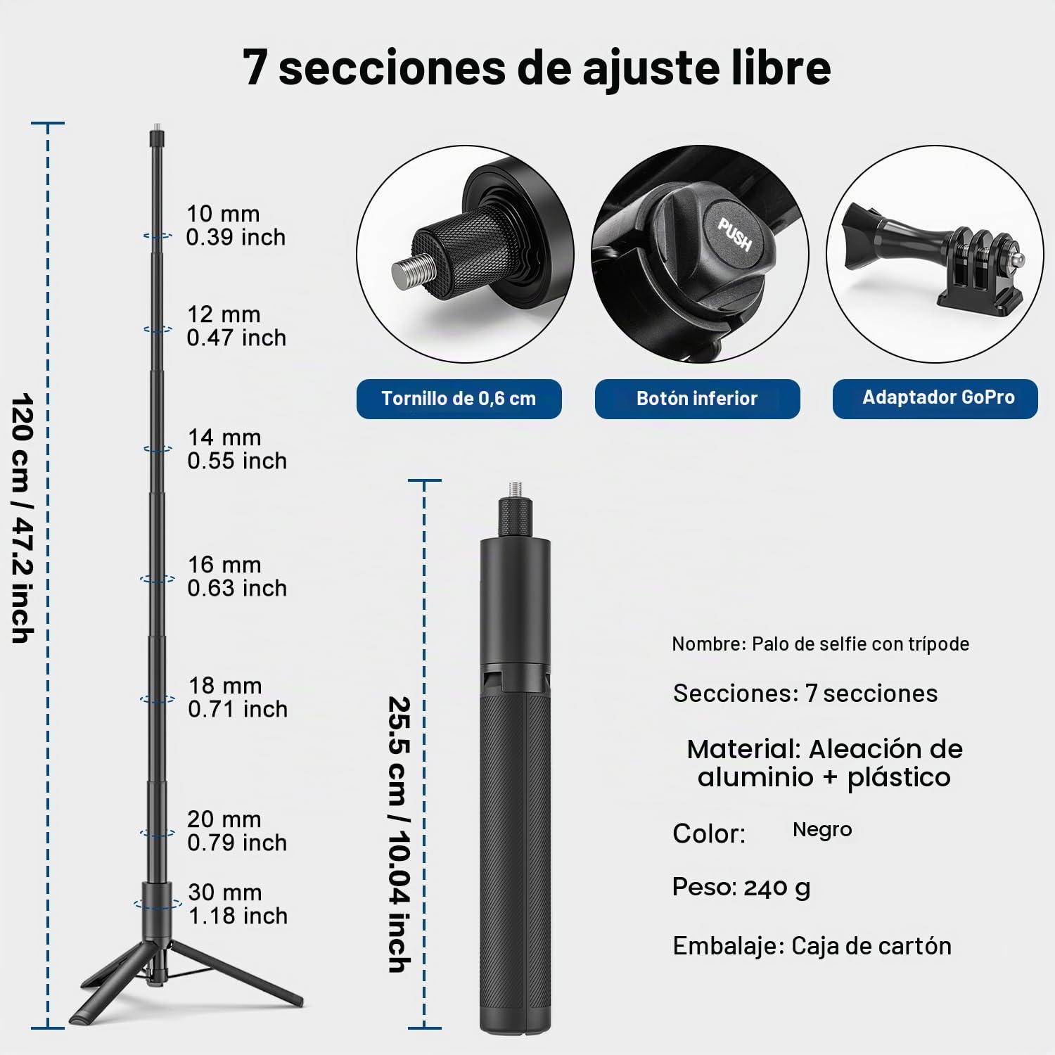 Wiseten Trípode de Palo Selfie para GoPro Insta 360, 120cm Mango Extensible Portátil Ligero Trípode Monopié Accesorios para GoPro Hero 13 12 11 10 9 8 7 Black insta360 X5 X4 dji Osmo Pocket 3 4