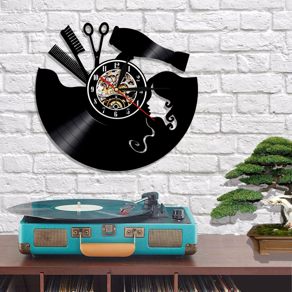 Reloj de pared de vinilo con tema de peluquería con luz nocturna LED, función de reloj de pared, regalo para peluquería