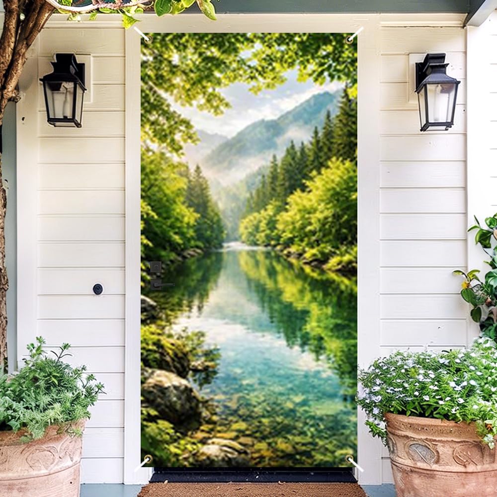 Forest Mountain Lake Door Cover Nature Front Door Banner Decor