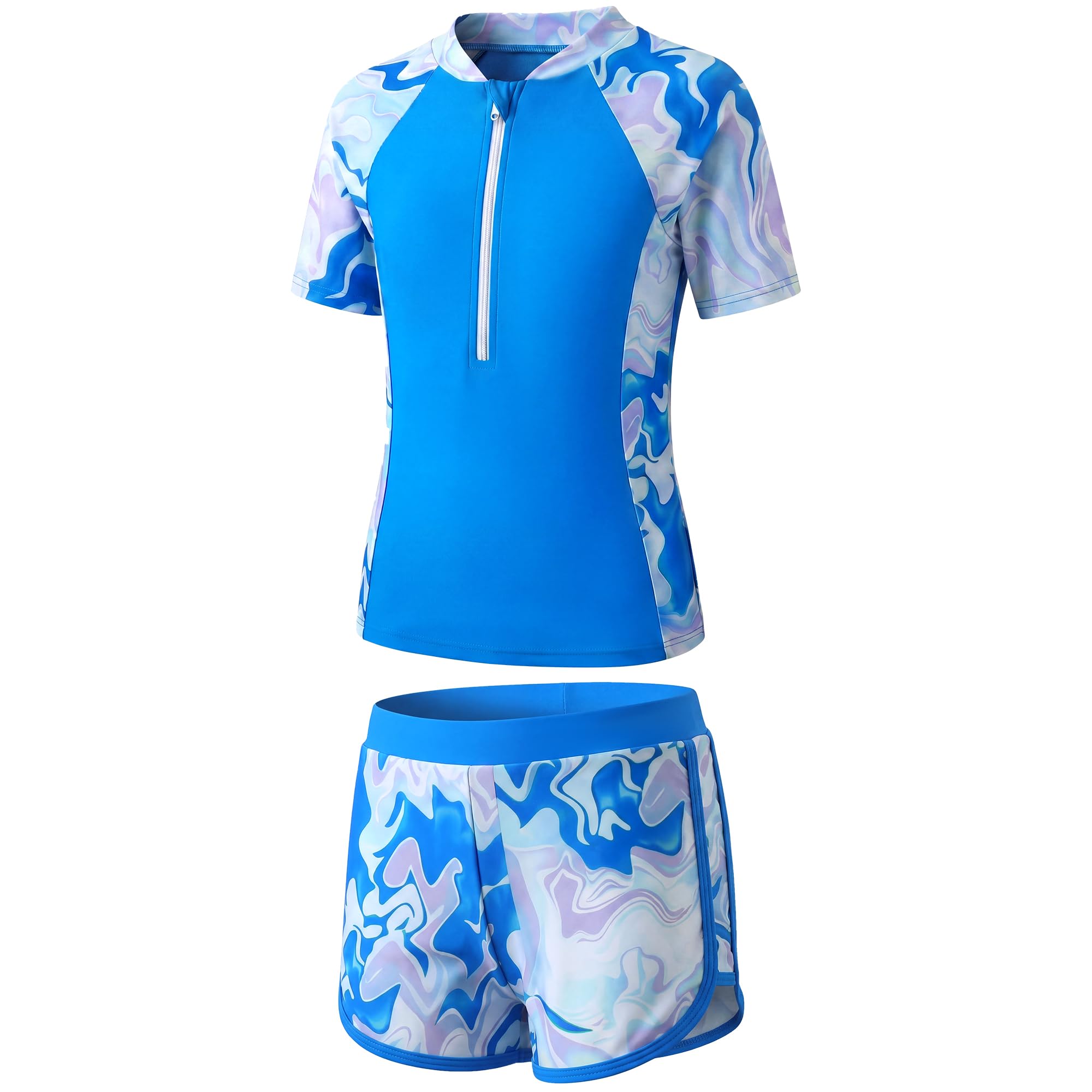 Badeanzüge für Mädchen Kurze Ärmel Schwimmanzug mit Shorts Zweiteilige Blumenmuster Badeanzug Schnelltrocknen 1/2 Zip Oberteile + Badehose 2-teiliges Set Bademode für 5-14 Jahre