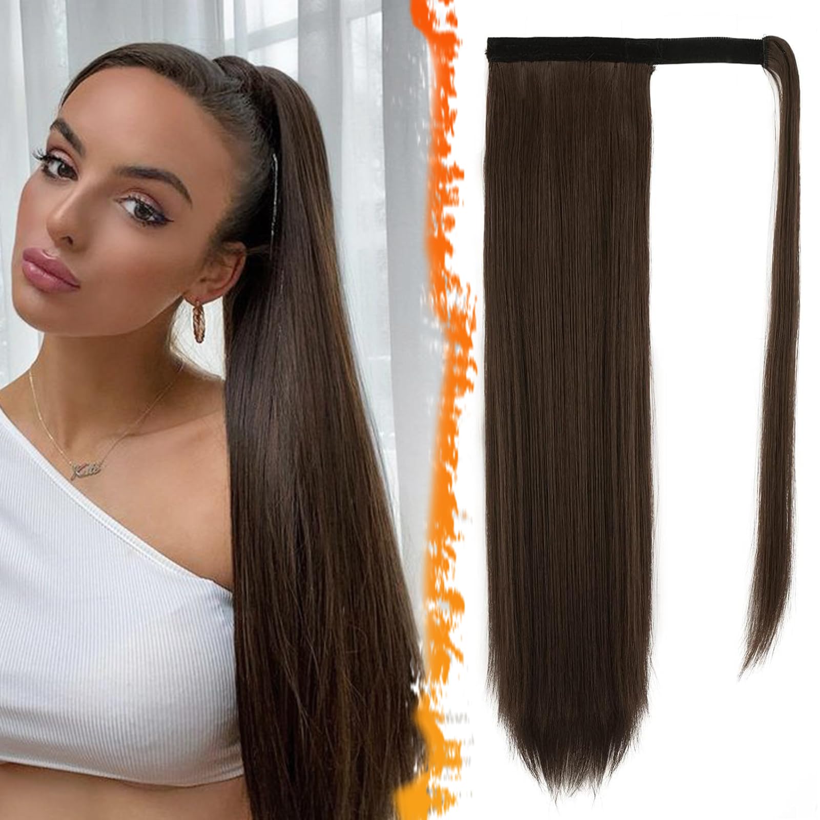 BARSDAR Chocolate Brown Straight Wrap Ponytail Extension - 28 Inch Long Straight Wrap Around Ponytail Hair Extensions for Women, Synthetic Clip in