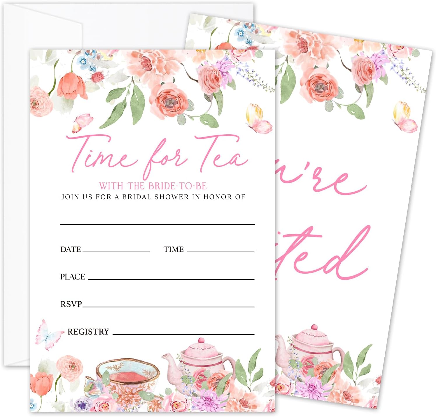 Floral Teapots Bridal Shower Invites - Time For Tea, 25 Bridal Shower Invitation with Envelopes, Wedding Invitations for Newlyweds Bride-to-be, Engagement Wedding Party Supplies -08
