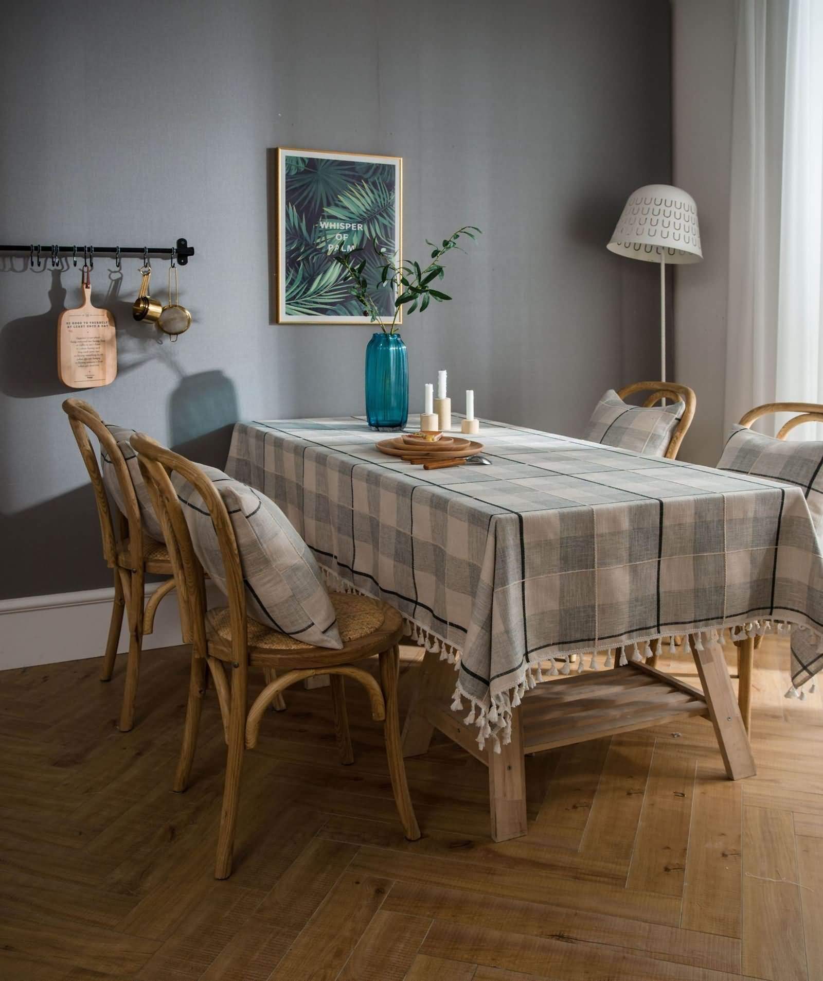 Nappe Gris Carré Extérieur Antitache, Motif à Carreaux avec Glands, Mélange Coton et Lin, 140 x 140 cm, Nappe pour Jardin et Terrasse