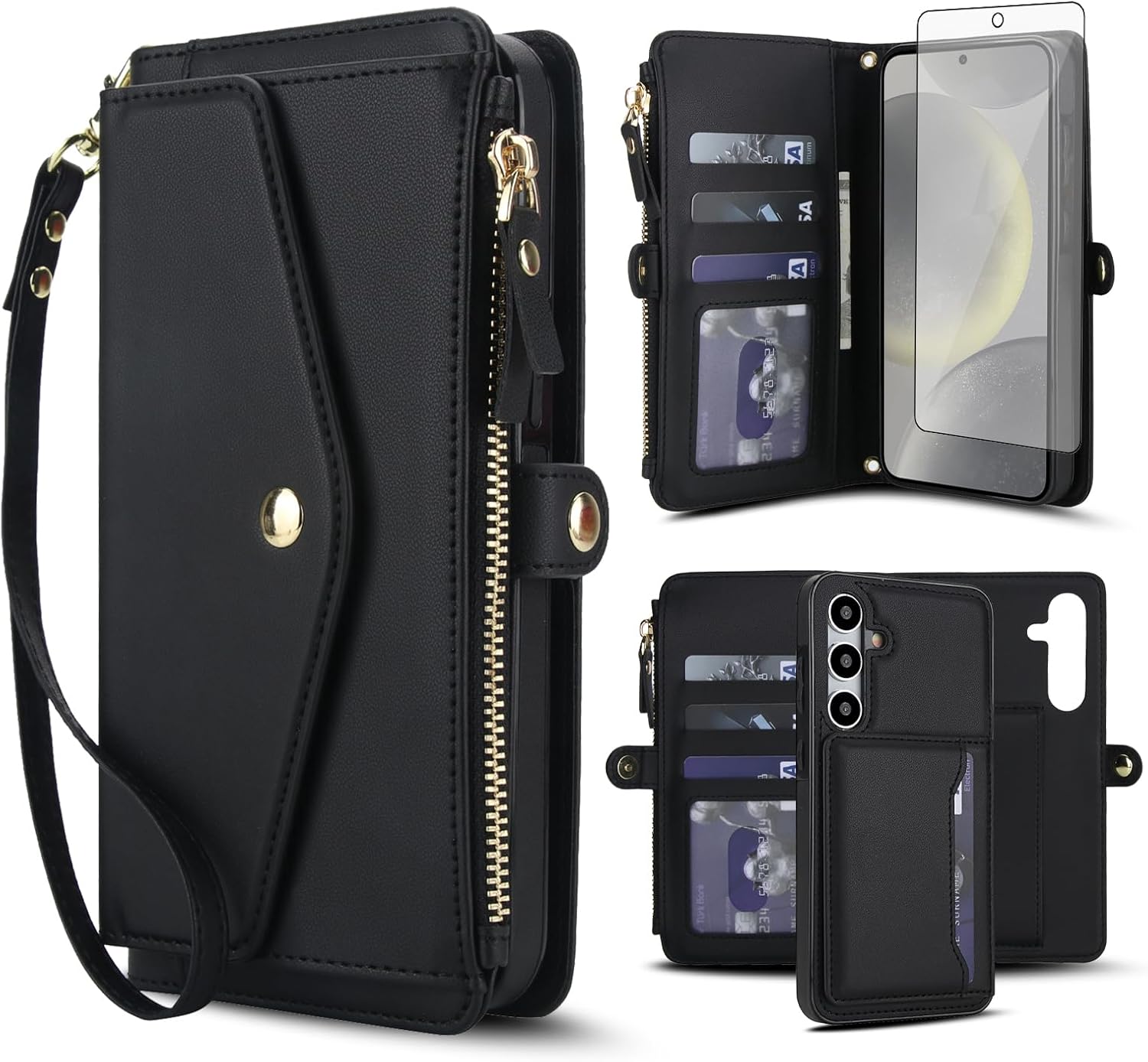 Asuwish Phone Case for Samsung Galaxy S24 FE 5G Wallet Cover Compatible with Magsafe RFID Screen Protector Crossbody Lanyard Strap Flip Card Holder Slot Zipper Cell Purse S 24 EF AI S24FE 24S Black