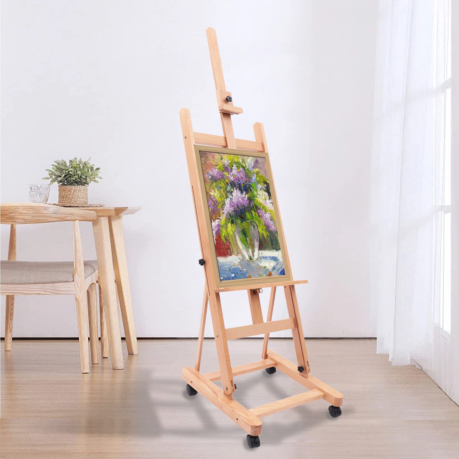 Caballete profesional de pintura plegable y de altura ajustable, caballete de madera, soporte para lienzo en 4 ruedas para bastidor de hasta 130 cm