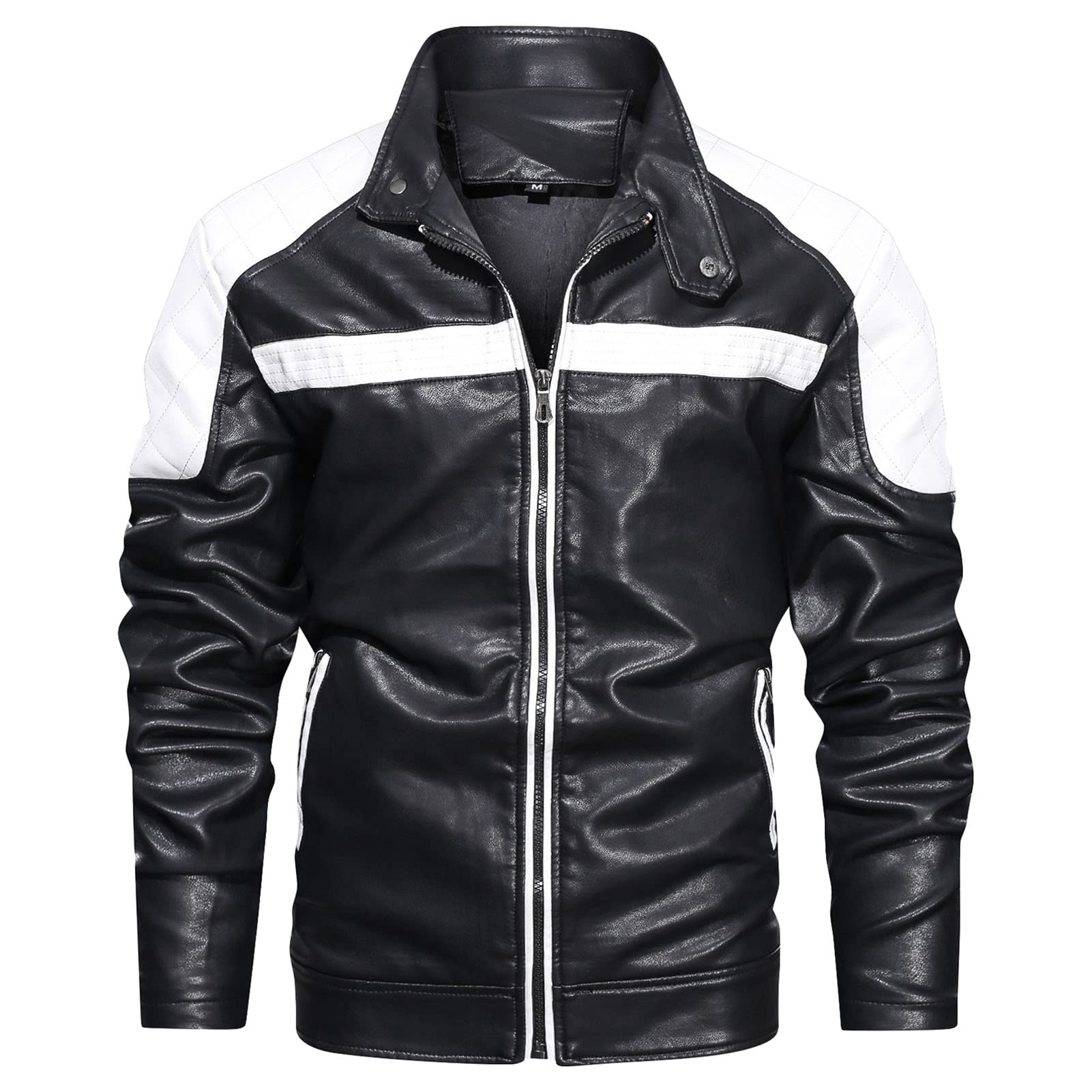Maiyifu-GJ Motorcycle Jacket for Men Faux Leather Zip Up Windproof Moto Coat Stand Collar Vintage Bomber Windbreaker (White,XX-Large)