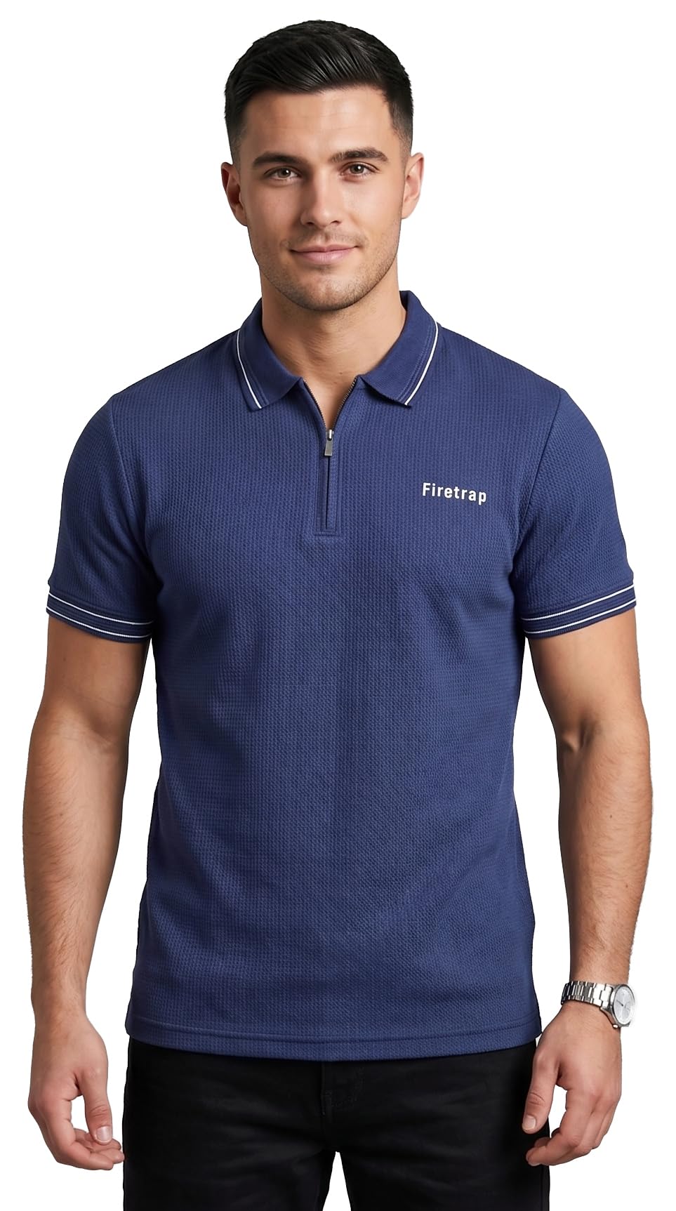 Firetrap Mens Designer Polo T Shirt 1/4 Zip Quarter Zip Textured Cotton Collared Top with Short Sleeves Navy S