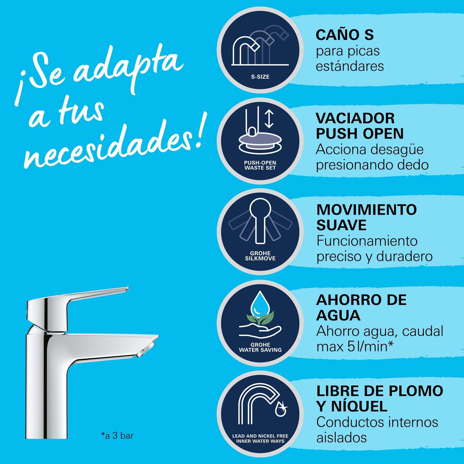 Grohe Start QuickFix- Grifo de lavabo monomando S (vaciador push-open, menor consumo de agua, instalación rápida, altura 165mm), cromo, 23550002