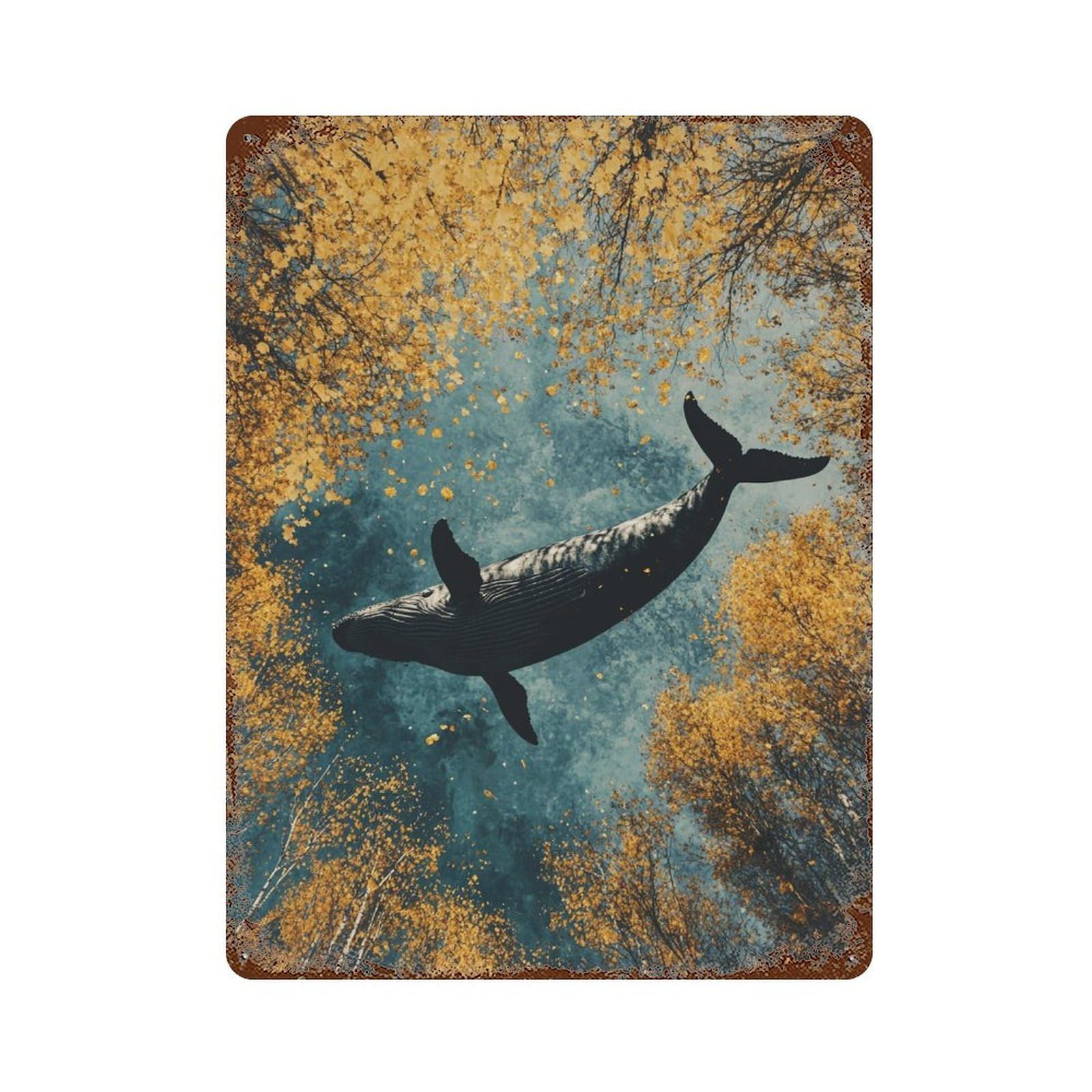 Rust Effect Whale in Autumn Forest-5 Rustic Tin Plaque 15.7"x11.8", Shabby Chic Decor for Basement, Hobby Room And Garage Decor