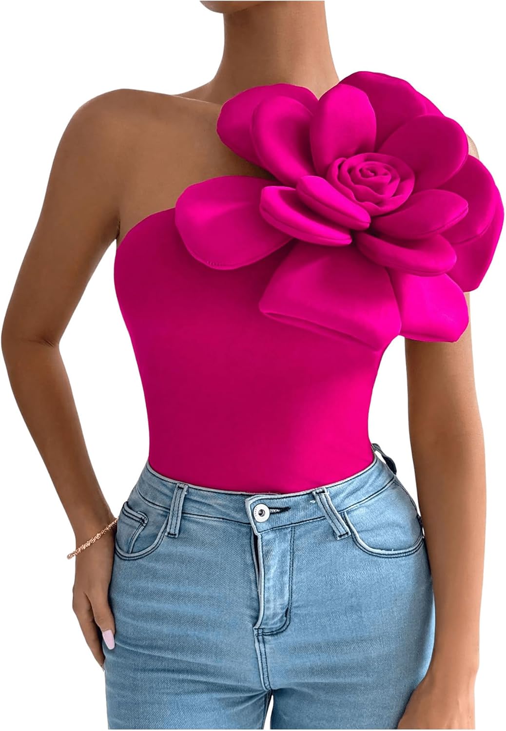 SHENHE Women's 3D Flower Top One Shoulder Sleeveless Slim Fit Elegant Rosette Top Blouse