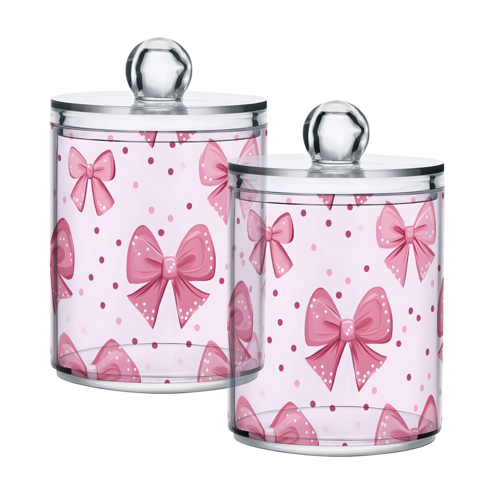 PYBUG Pink Bows Qtip Holder with Lid,2Pack Clear Plastic Apothecary Jars Bathroom Storage Containers for Cotton Swab,Cotton Ball,Floss Picks,Tea,Coffee