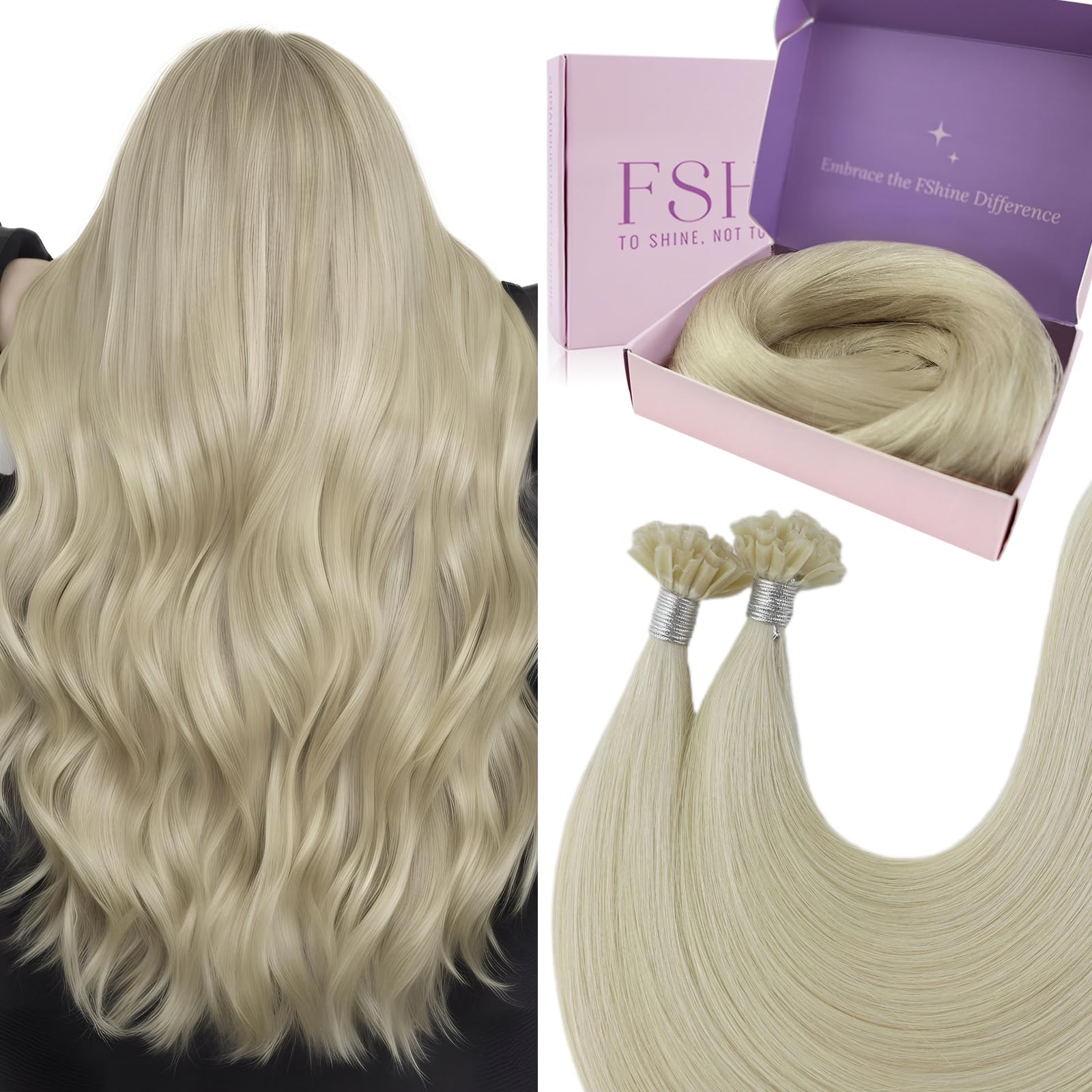 Fshine Extension Cheratina Capelli Veri Biondo Platino Real Hair Extensions 50cm 50g Cheratina Per Extension Capelli Remy U Tip #60