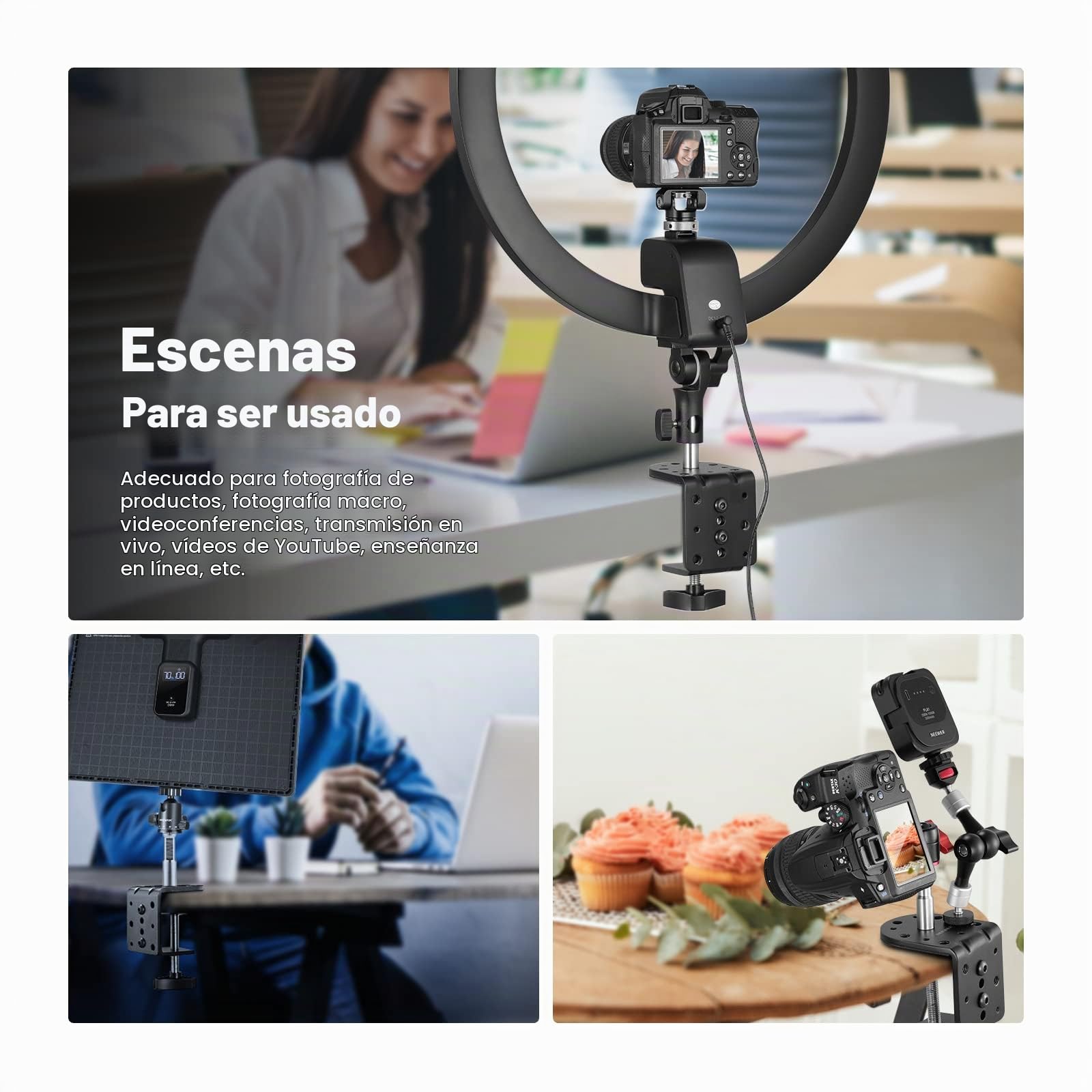 NEEWER Abrazadera de Escritorio C de Servicio Pesado con Columna de Montaje para Soporte de Luz, Roscas 1/4 "3/8" para Cámara de Luz de Video LED con Luz de Anillo, Carga Máxima 44lb / 20kg, ST-CCD1
