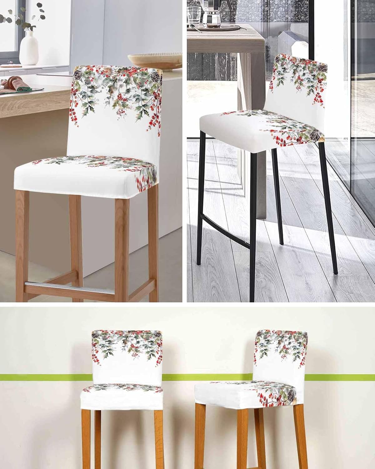 Savannan Bar Stool Cover Set of 4, Christmas Holly Leaves Branch Berry Winter Pine Needles Pine Cone Removable Dining Chair Slipcover for Restaurant Cafe Furniture Bar Counter Stool Chair Cover